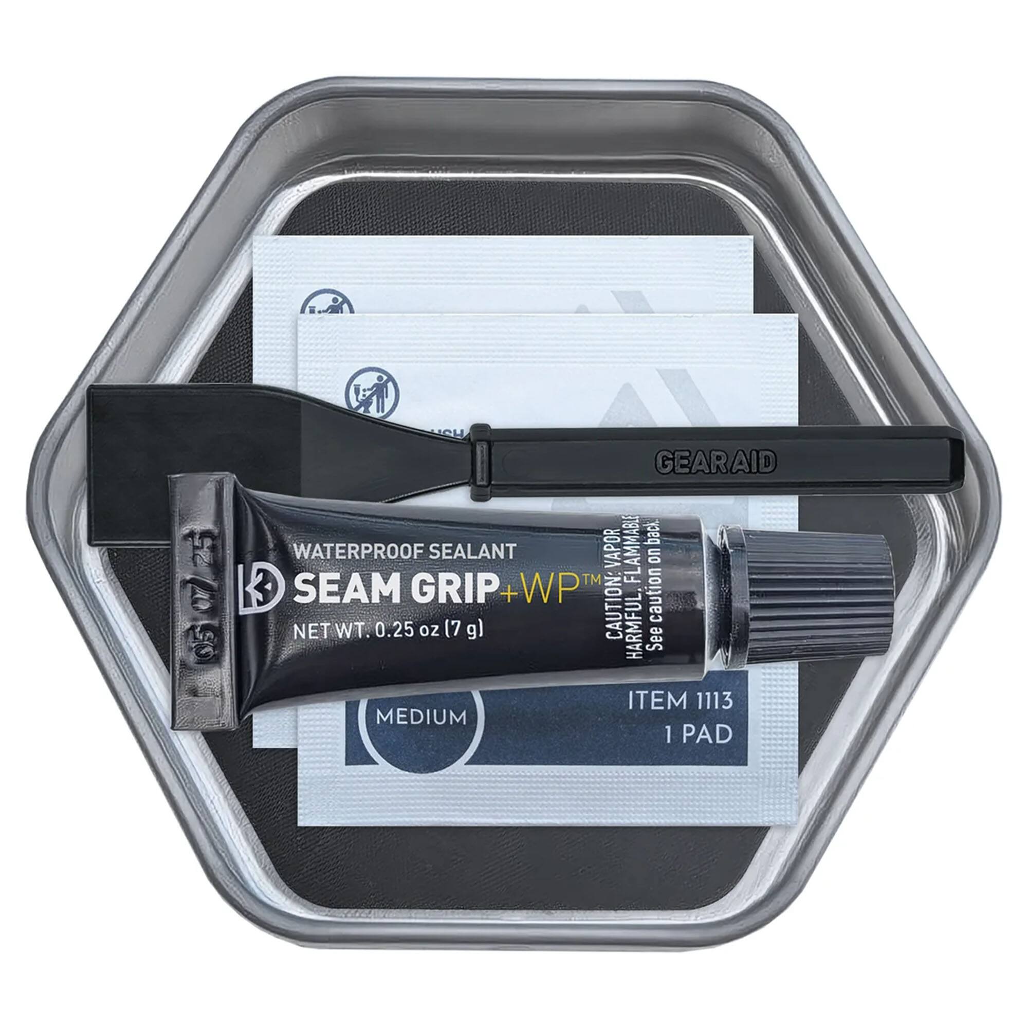 05/07/25 50 GEARAID AMMABLE back WATERPROOF SEALANT VAPOR on TM FL 3 SEAM GRIP + WP CAUTION: caution NET WT. 0.25 oz (7 g) HARMFUL See ITEM 1113 MEDIUM 1 PAD