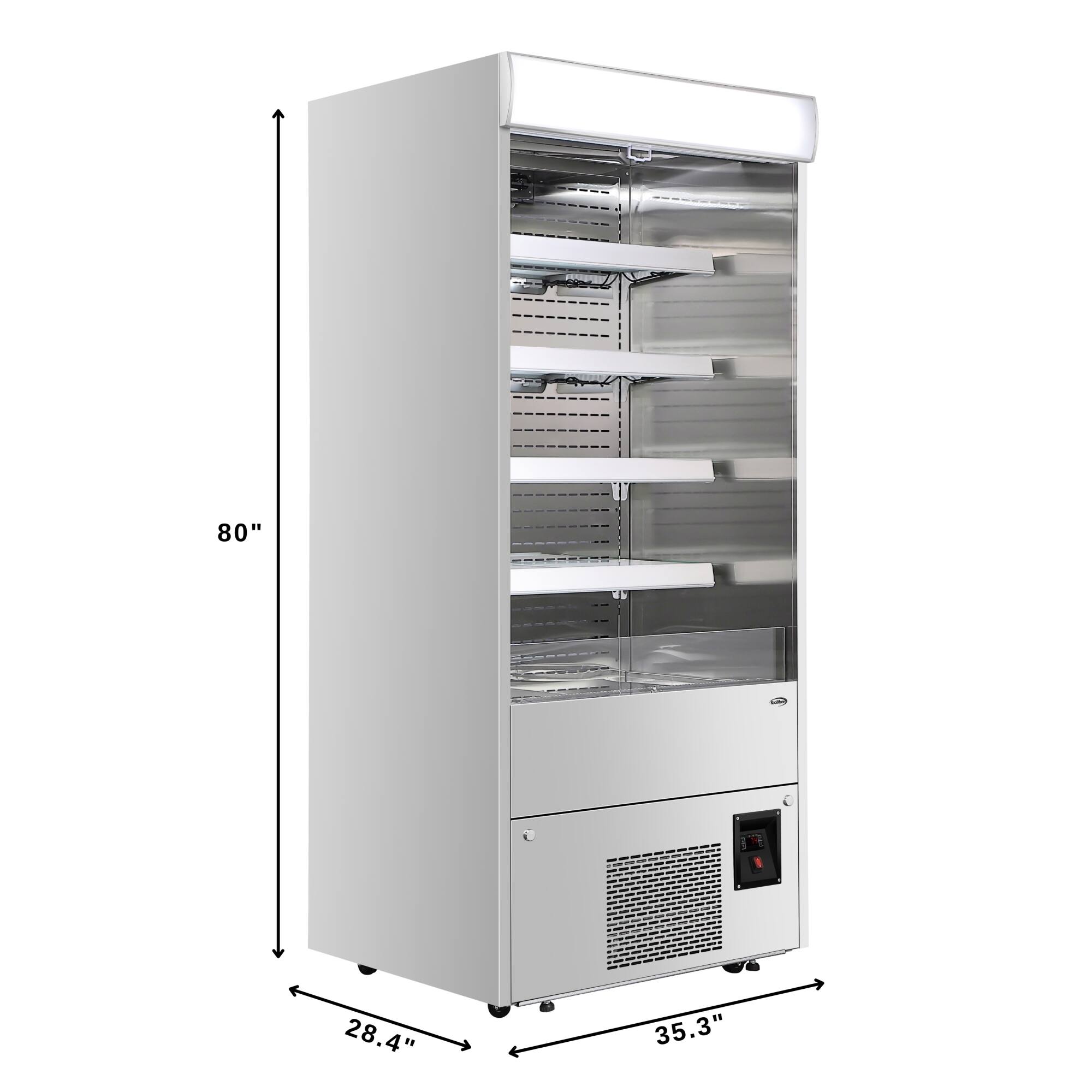 The text on the image reads "80" 28.4" 35.3". This information is likely related to the dimensions of the refrigerator, with the numbers representing the height, width, and depth of the appliance.