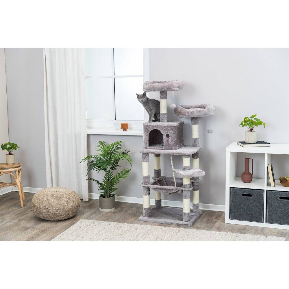 Angle. TRIXIE - Eduardo Plush & Sisal 4-Level 57.1" Cat Tree with Scratching Posts & Condo, Gray - Gray.