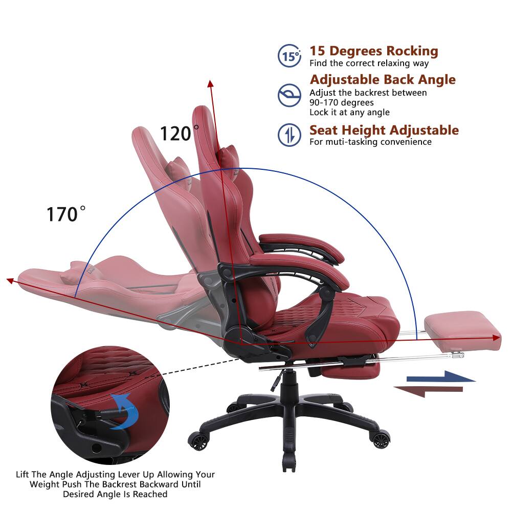 15 Degrees Rocking  
Find the correct relaxing way  

Adjustable Back Angle  
Adjust the backrest between 90-170 degrees  
Lock it at any angle  

Seat Height Adjustable  
For multi-tasking convenience  

Lift The Angle Adjusting Lever Up  
Allowing Your Weight Push The Backrest Backward Until Desired Angle Is Reached