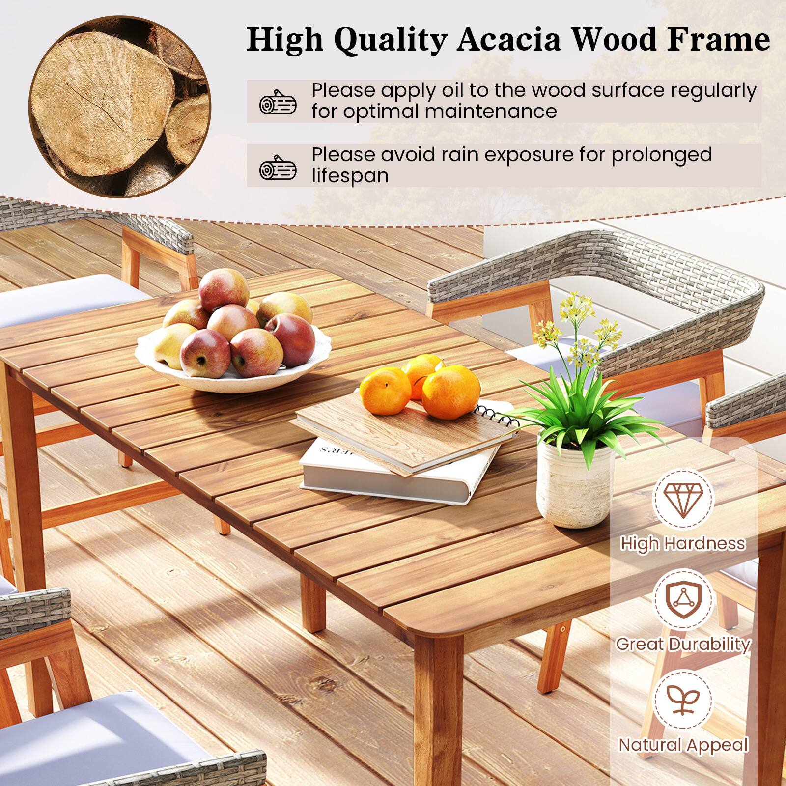 High Quality Acacia Wood Frame

- Please apply oil to the wood surface regularly for optimal maintenance
- Please avoid rain exposure for prolonged lifespan

High Hardness
Great Durability
Natural Appeal