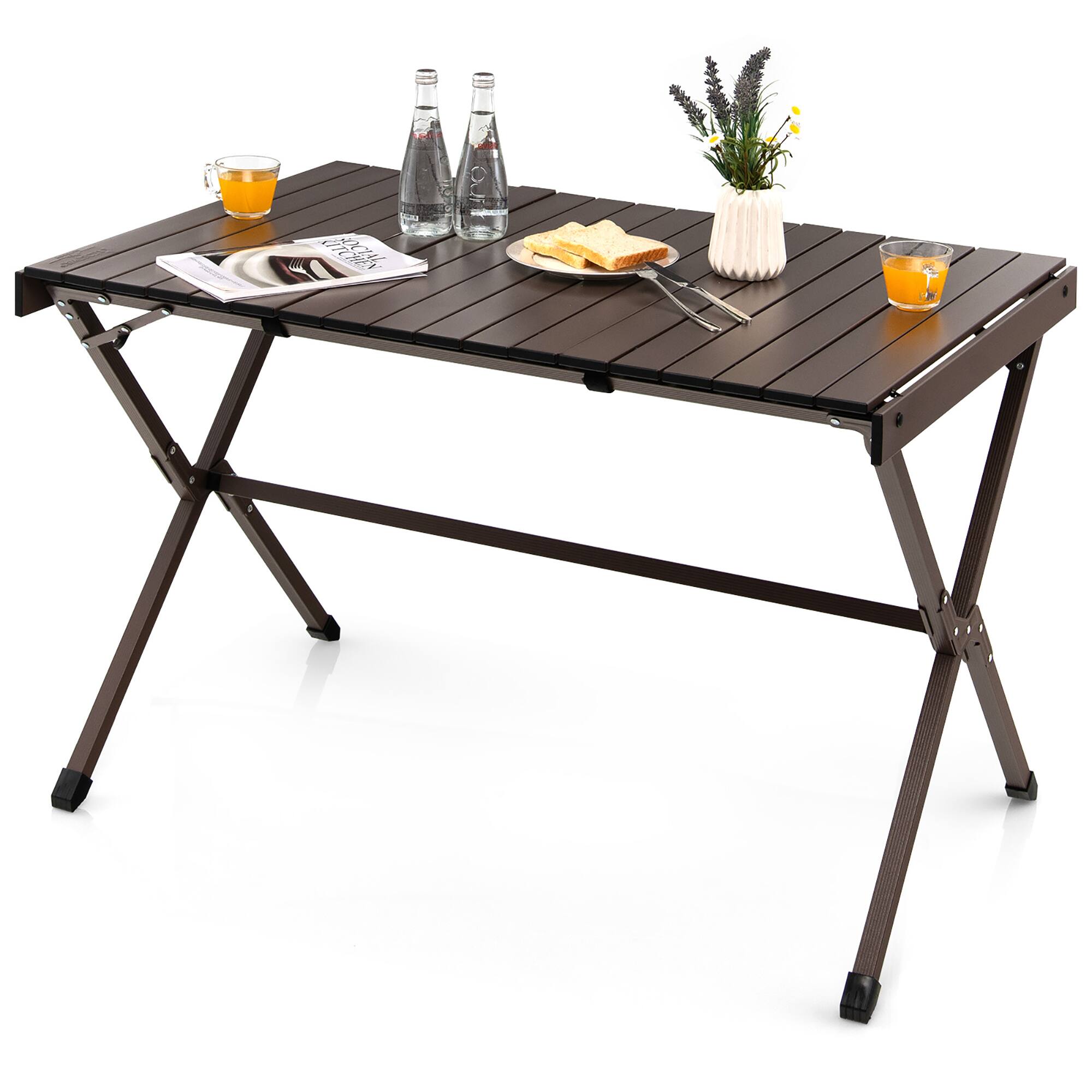 Alt View 17. Costway - 4-6 Person Portable Aluminum Camping Table Lightweight Roll Up Table Brown - Brown.