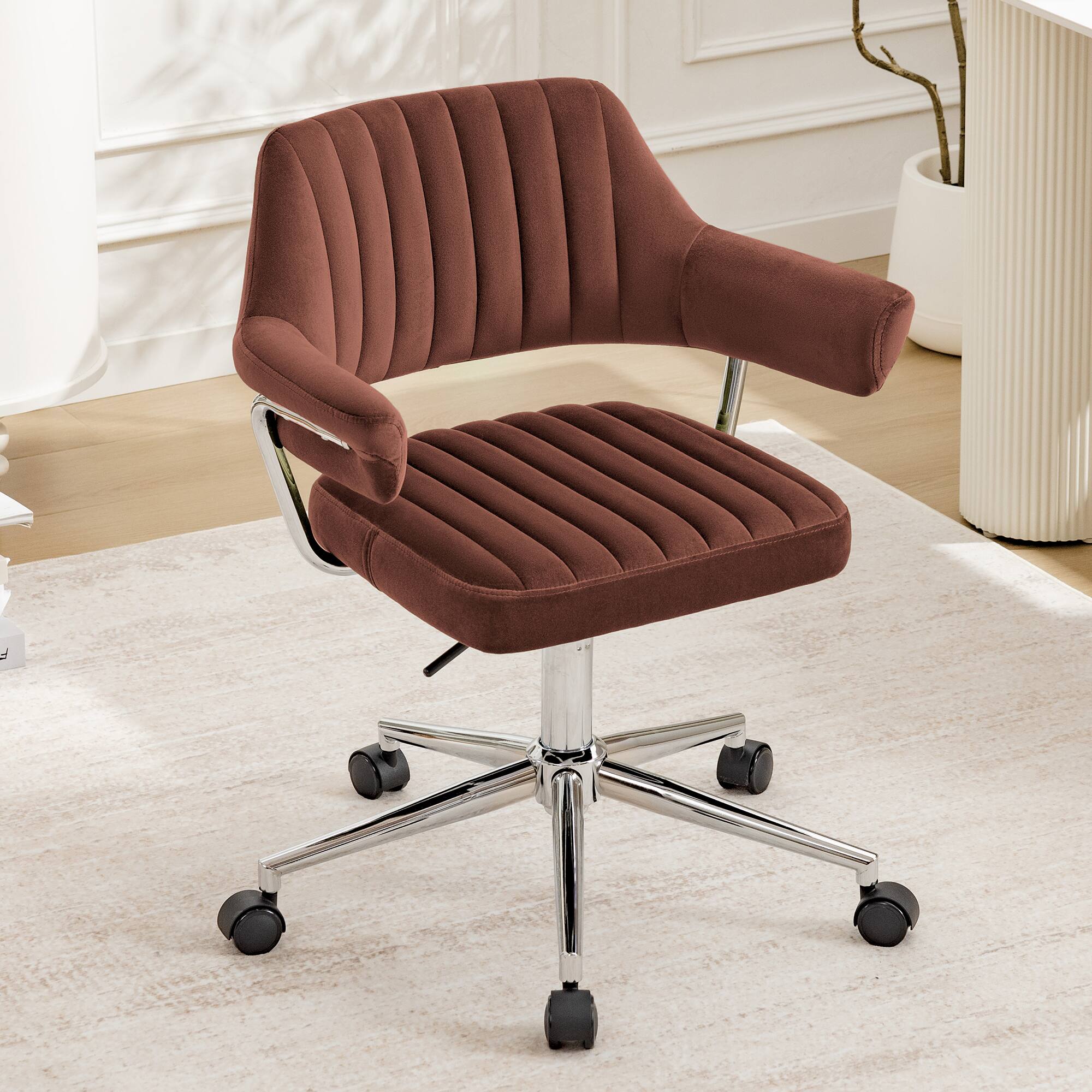 Alt View 8. KERDOM - Rolling Mid Back Computer Chair, Swivel Makeup Chair with Arms, Adjustable Height Modern Style Velvet Home Office Chair - Red-1PC.