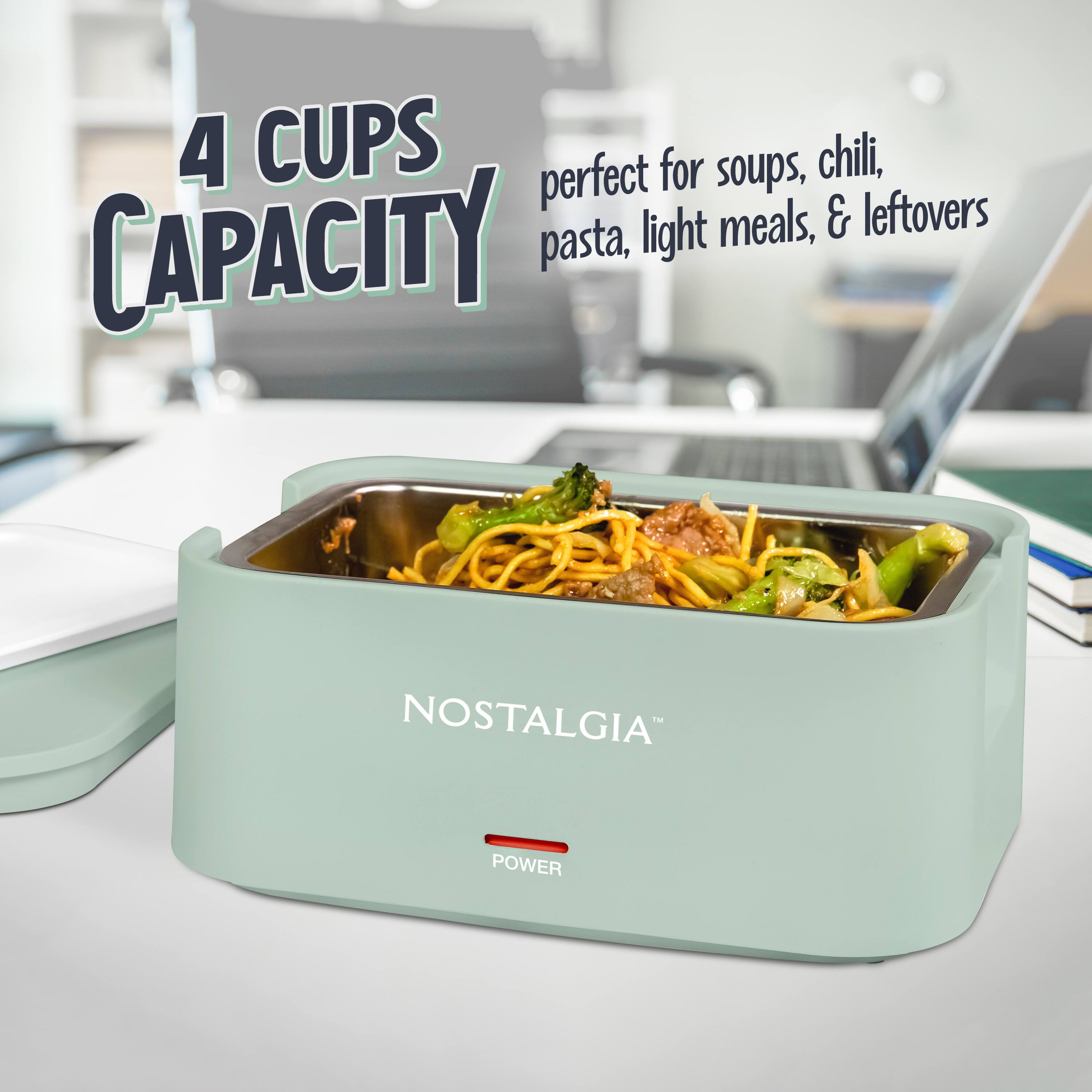 4 CUPS CAPACITY  
perfect for soups, chili, pasta, light meals, & leftovers  
NOSTALGIA POWER