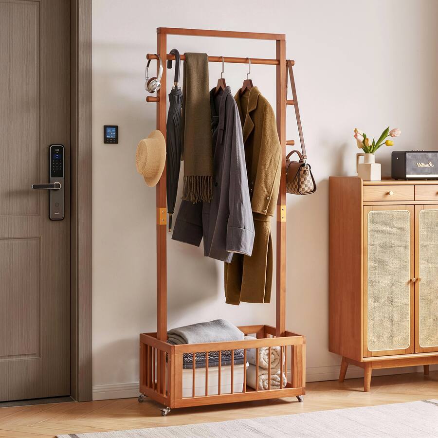 Rolling Compact Racks MERAVOM Solid Wood Freestanding Coat Rack with Rolling Wheels & Storage ...