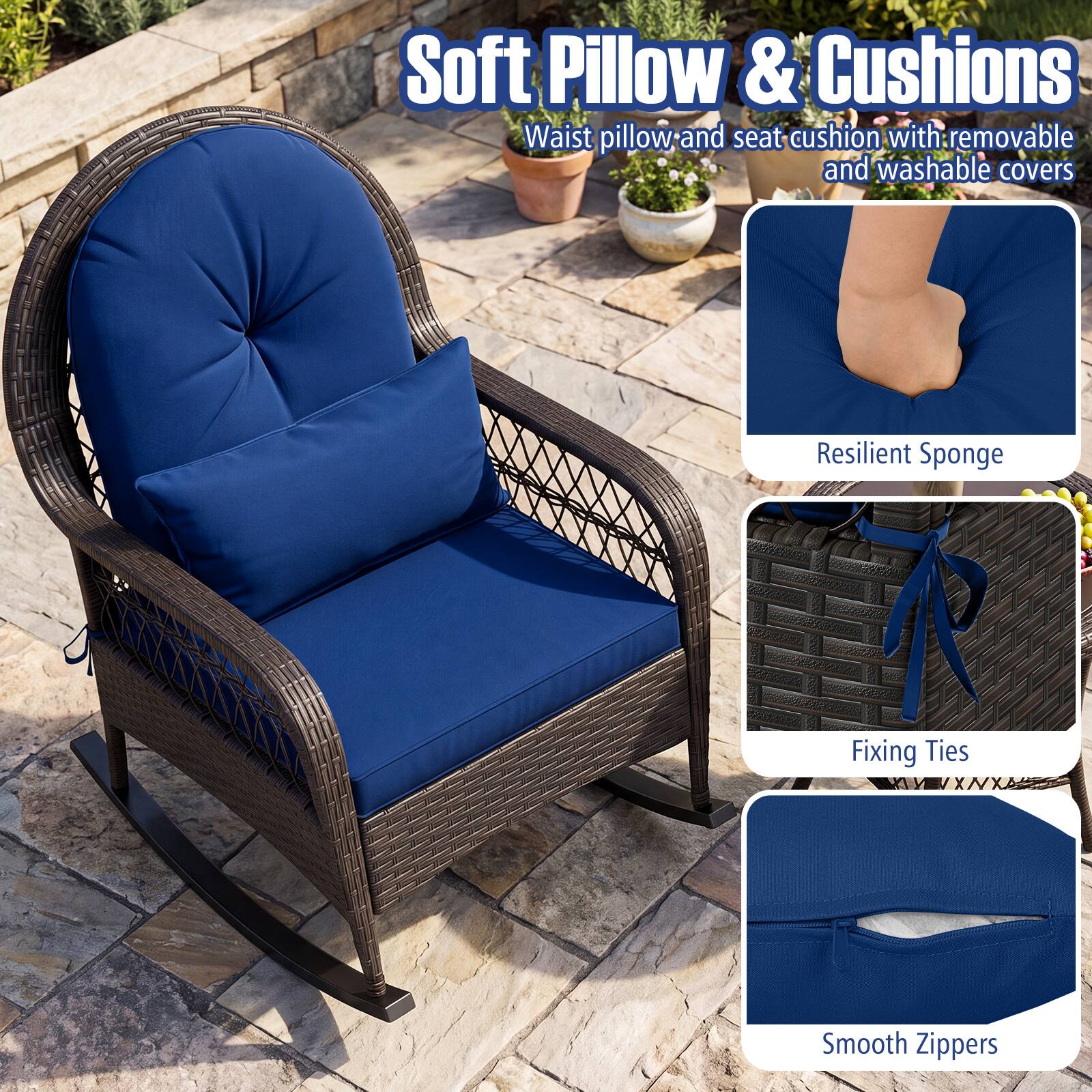 Soft Pillow & Cushions  
Waist pillow and seat cushion with removable and washable covers  

Resilient Sponge  
Fixing Ties  
Smooth Zippers