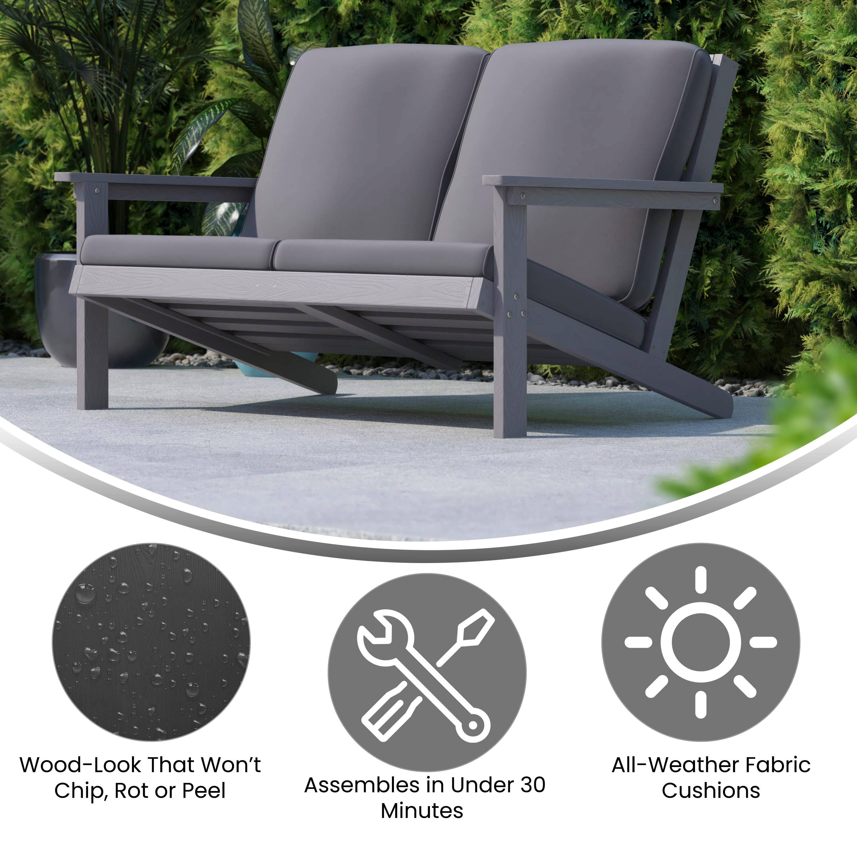 Wood-Look That Won't Chip, Rot or Peel  
Assembles in Under 30 Minutes  
All-Weather Fabric Cushions