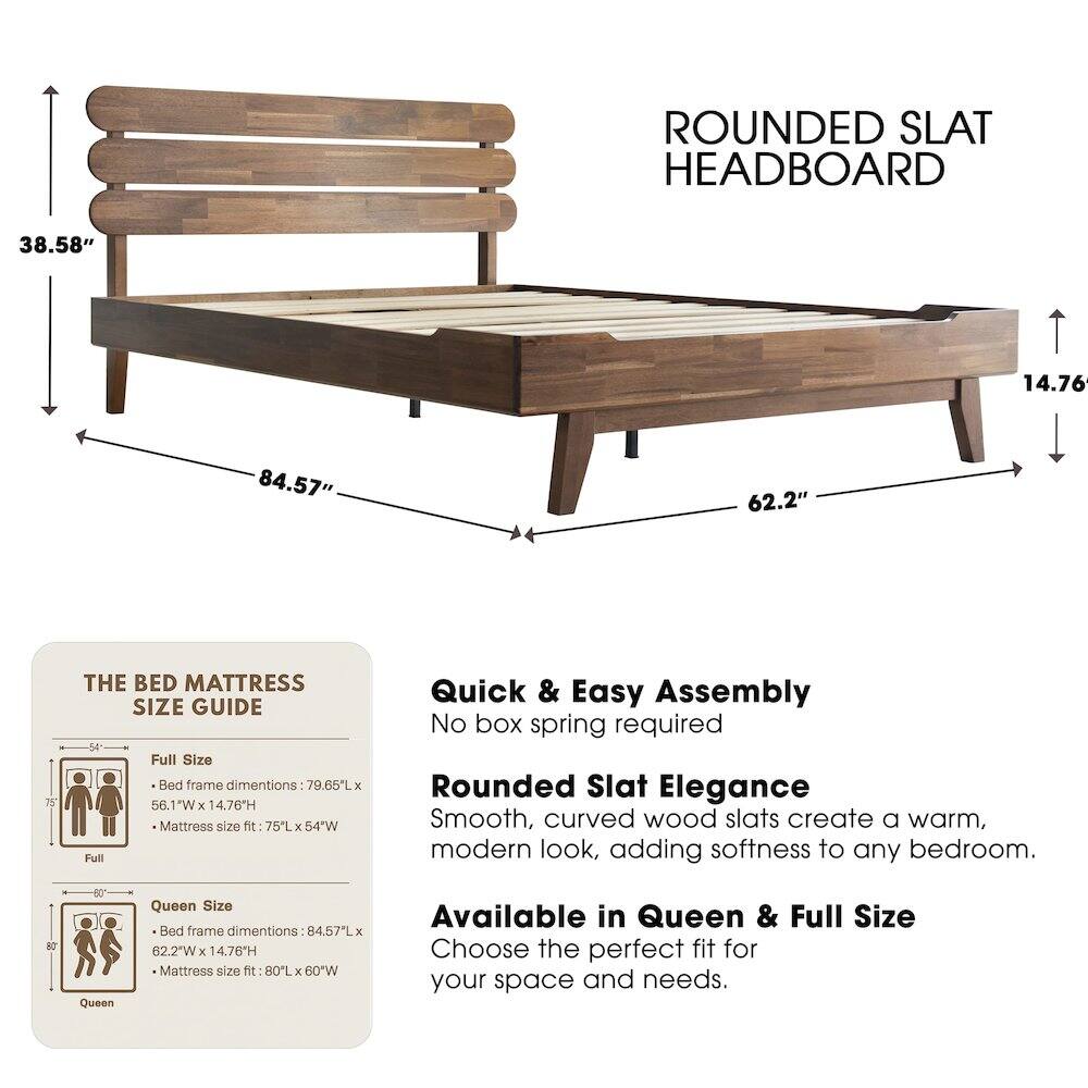 ROUNDED SLAT HEADBOARD

38.58" 14.76 84.57" 62.2" 75

THE BED MATTRESS SIZE GUIDE

Full Size Bed frame dimensions: 79.65L x 56.1"W x 14.76H
Mattress size fit: 75L x 54"W

Quick & Easy Assembly
No box spring required

Rounded Slat Elegance
Smooth, curved wood slats create a warm, modern look, adding softness to any bedroom.

NO 5 Queen

Queen Size Bed frame dimensions: 84.57L x 62.2"W x 14.76H
Mattress size fit: 80L x 60"W

Available in Queen & Full Size
Choose the perfect fit for your space and needs.