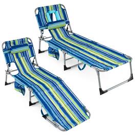 Gymax - 2PCS Tanning ChairPortable Chaise Lounge Chair w/4-Position Adjustable Backrest Blue Stripe - Multicolor