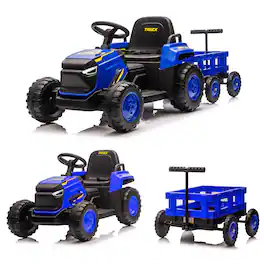 GARVEE - 12V Electric Ride-On Tractor with Detachable Garden Cart, Battery-Powered 8-Wheel Vehicle with Trailer, Remote Control - Blue