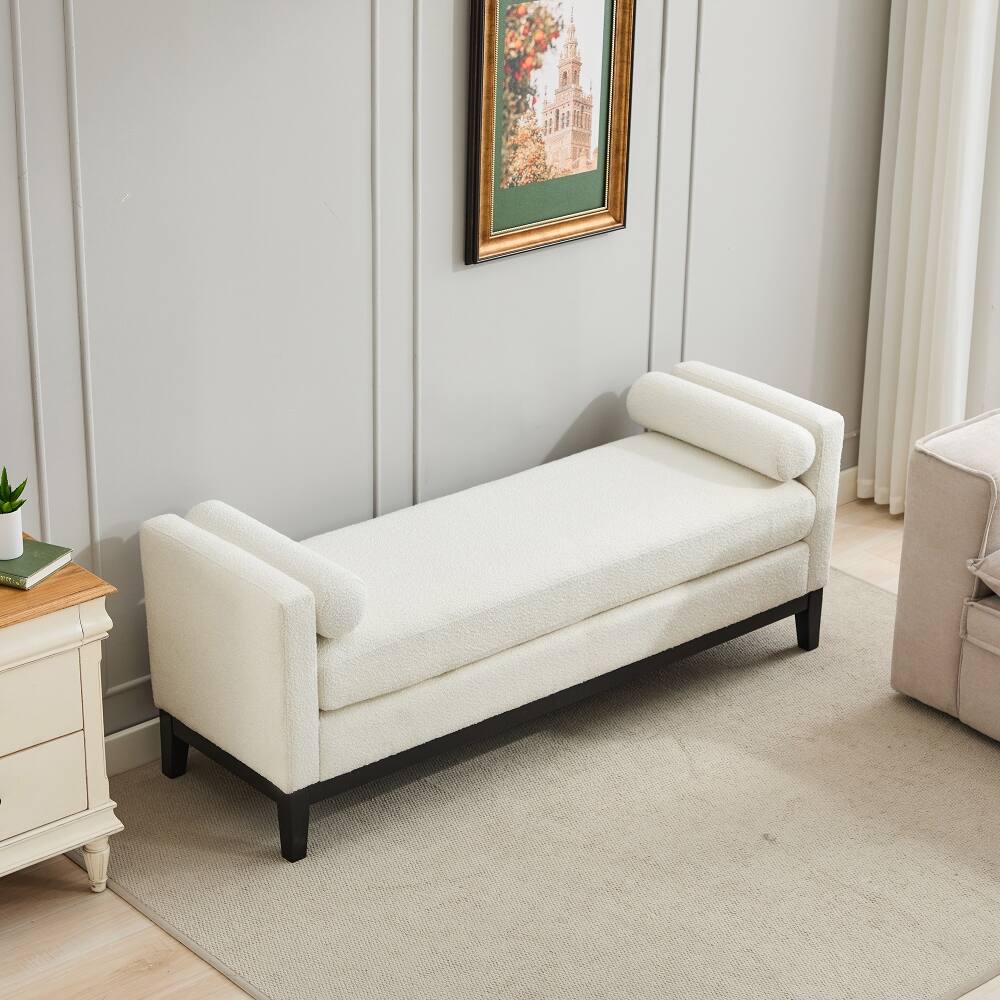 Angle. Ropilly - Ropilly Ivory Boucle End of Bed Bench with Black Wood Frame - Ivory.