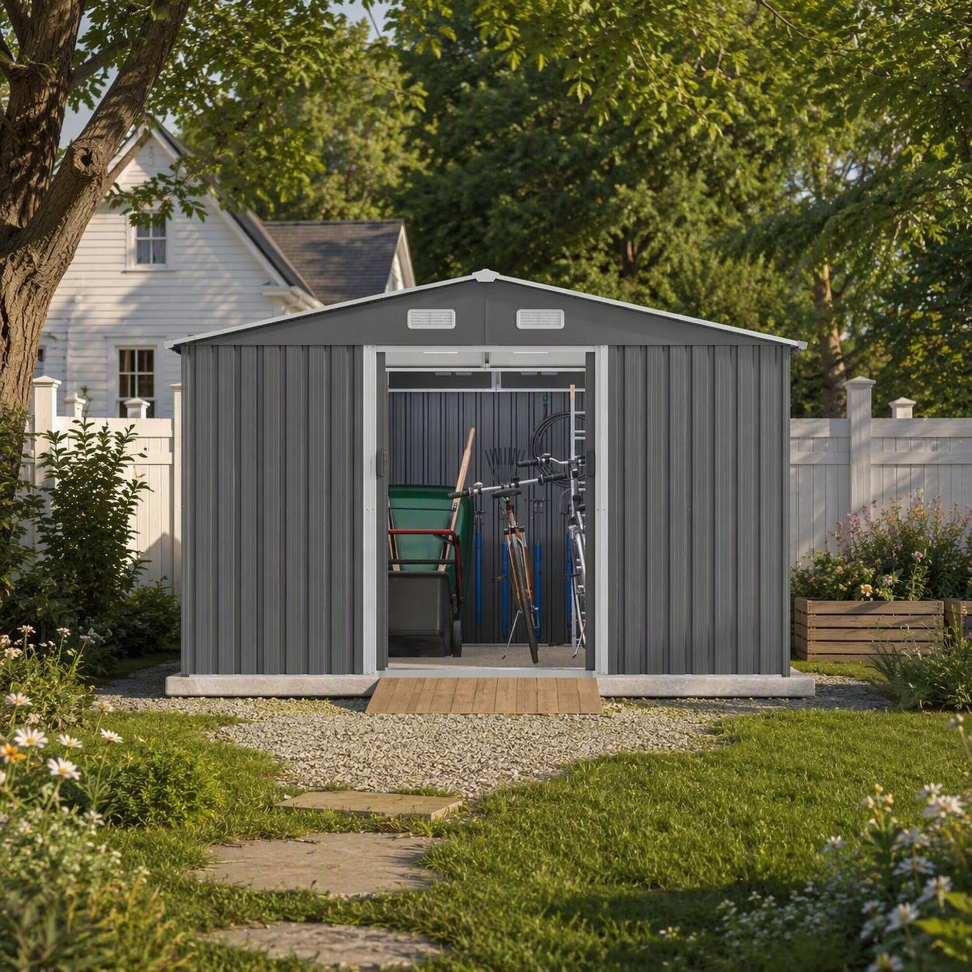 Back. RYHNUYNE - 10x8 ft Steel Shed Sliding Doors Galvanized Garden Tool Shed Patio Backyard Grey - Gray.