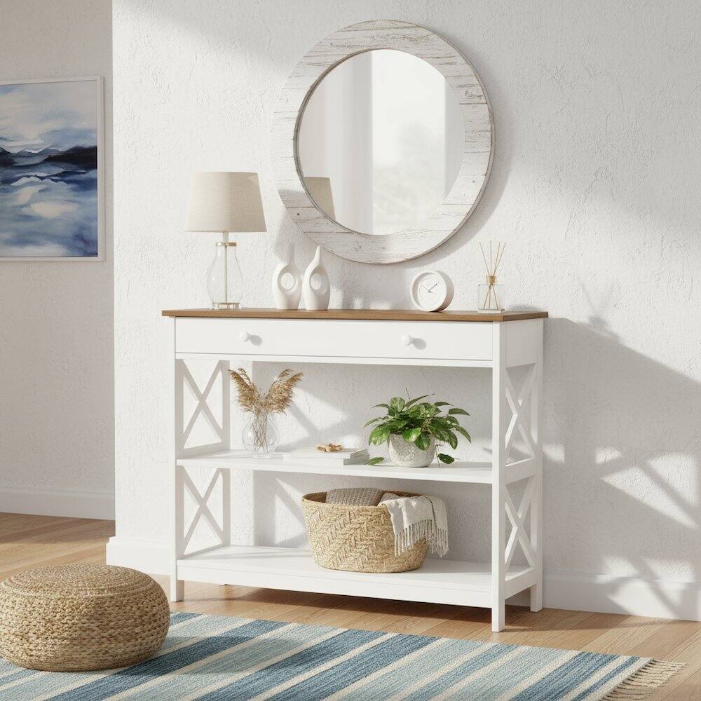 Left. FurniFact - Console Table with 1 Drawer and 3 Shelves - Driftwood/White.