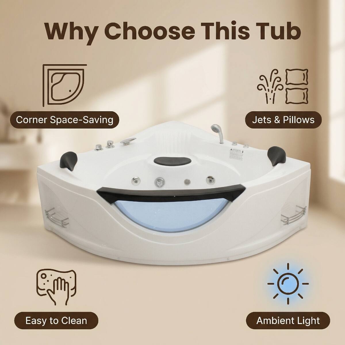 Why Choose This Tub

- Corner Space-Saving
- Jets & Pillows
- Easy to Clean
- Ambient Light