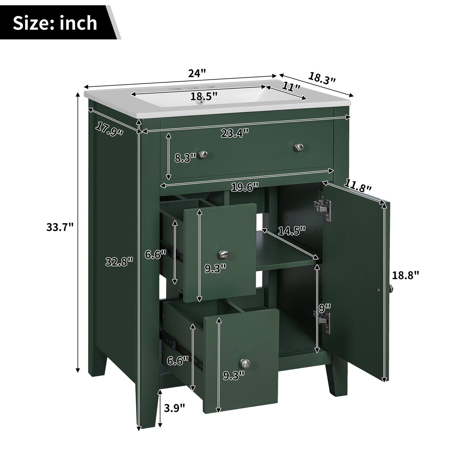 Size: inch  
24" 18.5" 11" 18.3" 17.9" 8.3" 23.4" 19.6" 11.8" 33.7" 14.5" 6.6" 32.8" 9.3" 18.8" 9w 6.6" 9.3" 3.9"