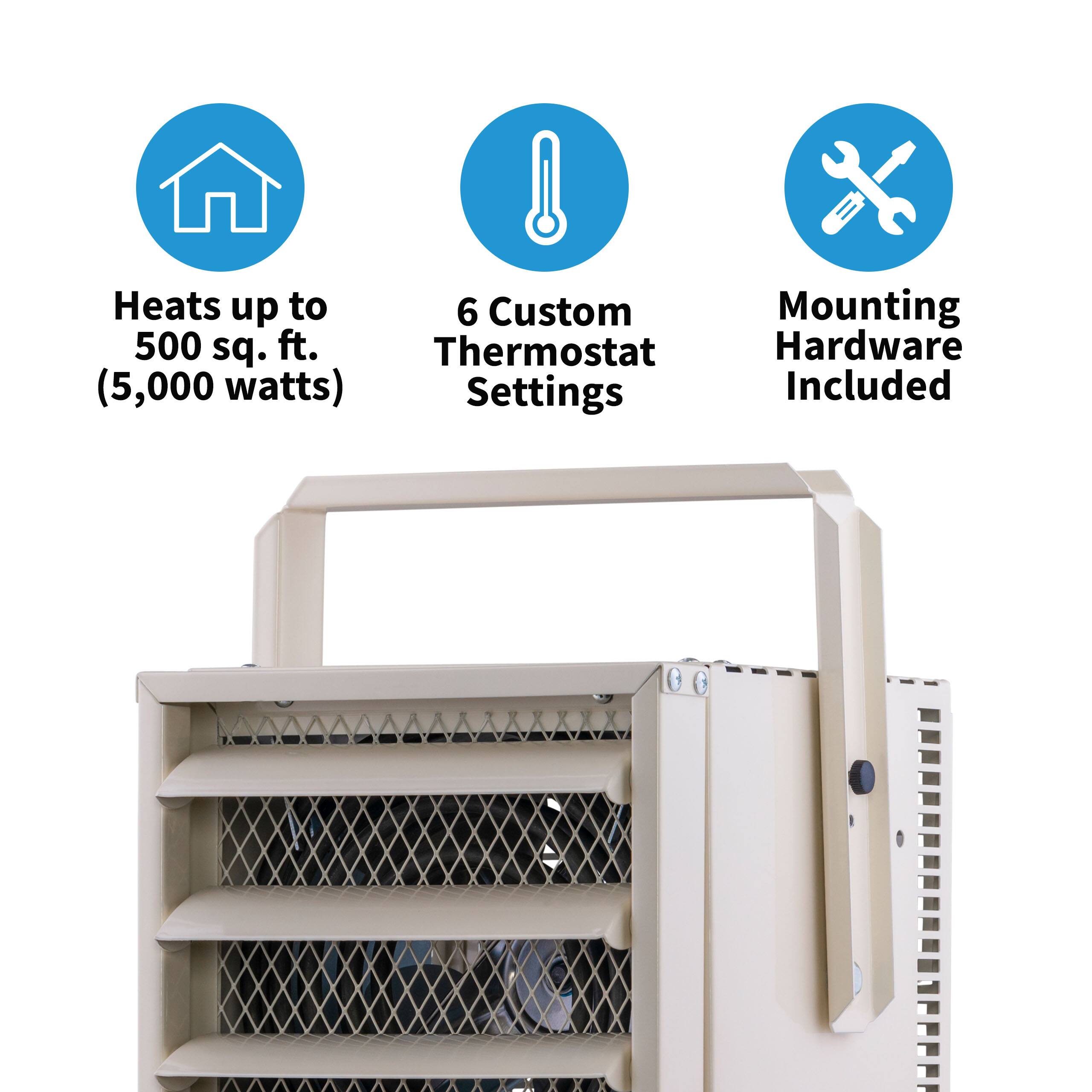Heats up to 6 custom mounting settings, with a 500 sq. ft. thermostat and hardware included, which has a 5,000 watt setting.