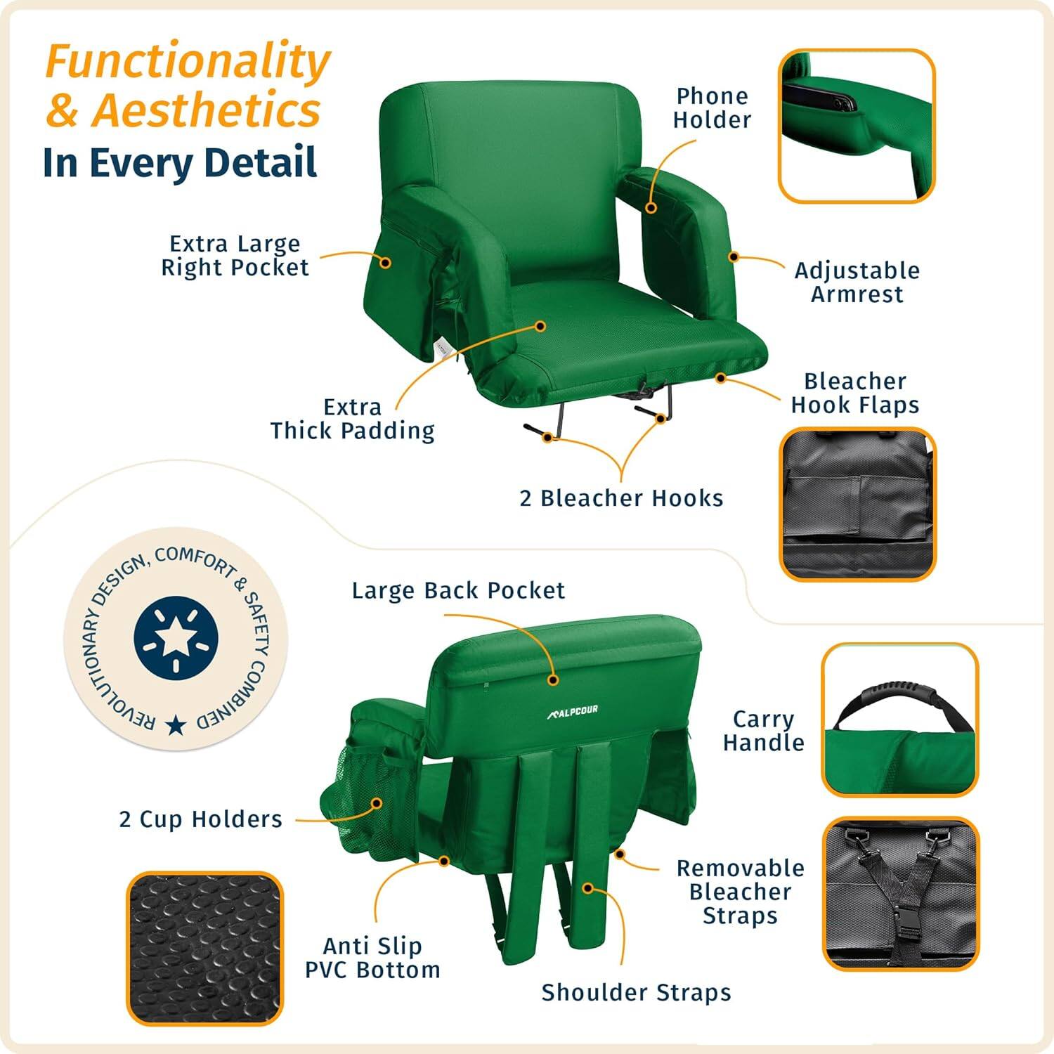 Functionality & Aesthetics In Every Detail

- Extra Large Right Pocket
- Extra Thick Padding
- Adjustable Armrest
- Phone Holder
- Bleacher Hook Flaps
- 2 Bleacher Hooks
- Large Back Pocket
- 2 Cup Holders
- Carry Handle
- Anti Slip PVC Bottom
- Removable Bleacher Straps
- Shoulder Straps

Design, Comfort & Safety Revolutionary Combined