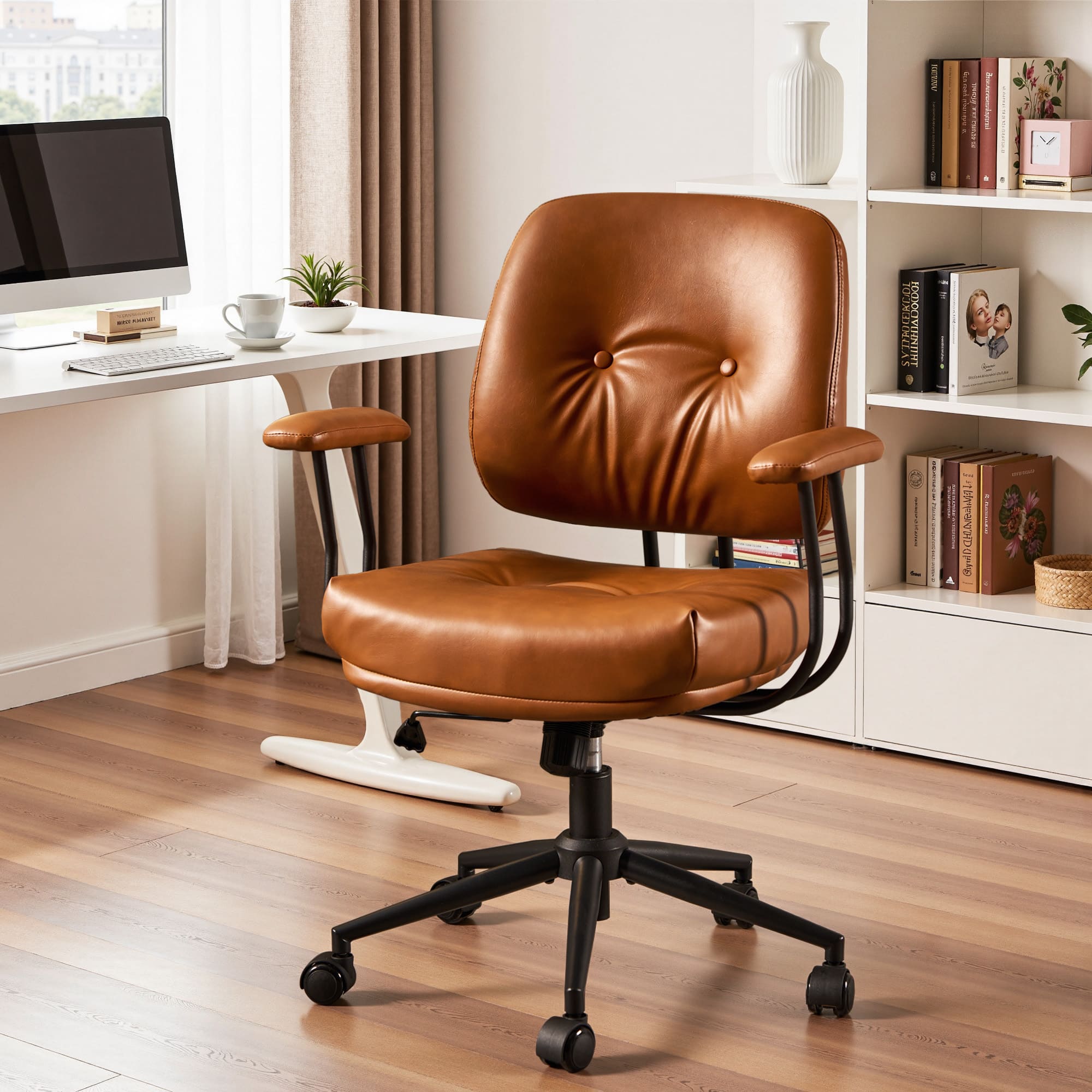 Ovios - Executive Office Chair, 300lbs Capacity, Mid Back PU Leather Chair, Ergonomic Computer Chair - Brown
