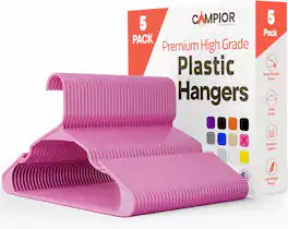 Campior - Plastic Hangers – 5-Pack, Heavy-Duty, Slim, Space-Saving, Non-Slip Notches, for Dresses, Suits, Jackets & More - Pink