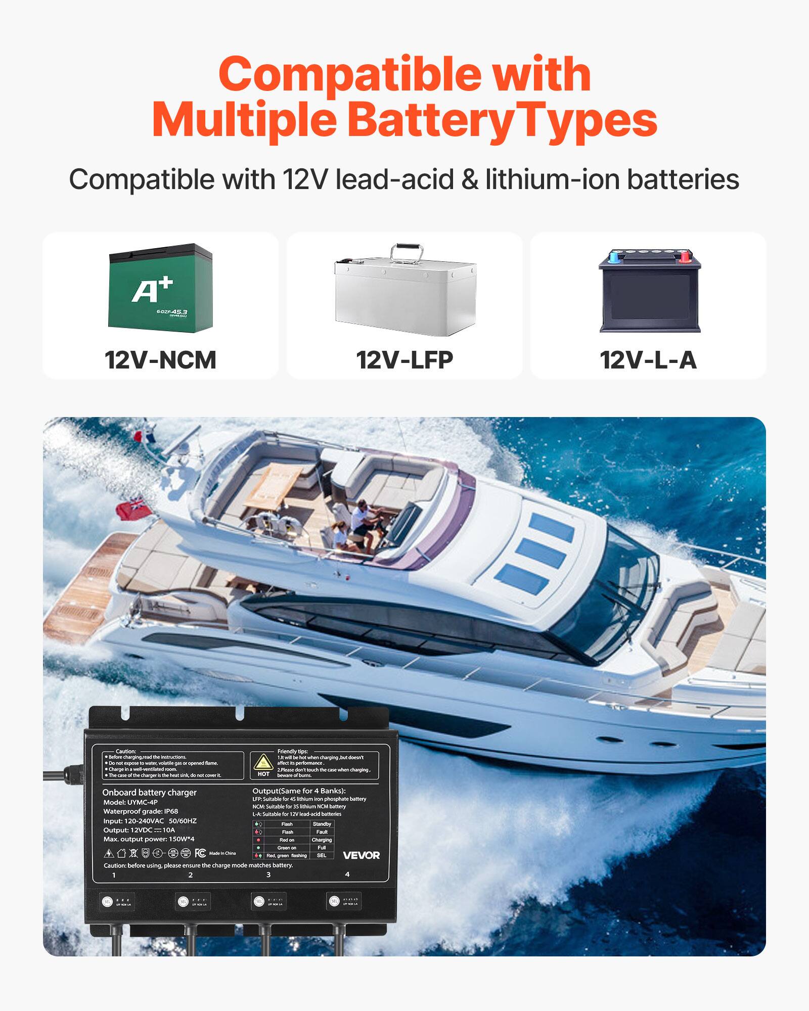Compatible with Multiple Battery Types  
Compatible with 12V lead-acid & lithium-ion batteries  

A+ 602Y-453  
12V-NCM  
12V-LFP  
12V-L-A  

Caution:  
- charging ~ DO - - + votattle per N spended Same Change non one TV charger TM hour ink N NT - L  
- Friendly tipe 54-5ca what charging for doesn't affic 2.Piness don't louch ~ use when charging XX INSUM x Som  

Onboard battery charger  
Output(Same for 4 Banks): DO Suitable by 4% Sthium ICA phosphate bettery Model UYMC-4P ICI Twitable for . ENum NCH bettery  
Waterproof grade: P68 bellines M Sultable to DV back Input 120-240VAC 50/60HZ Fash Slandby Output 12VDC 10A Finil Max. output power. 150W4 Redies Charging - - FA MalleHe - fashing at. VEVOR grear.  
Caution: before using please ensure the charge