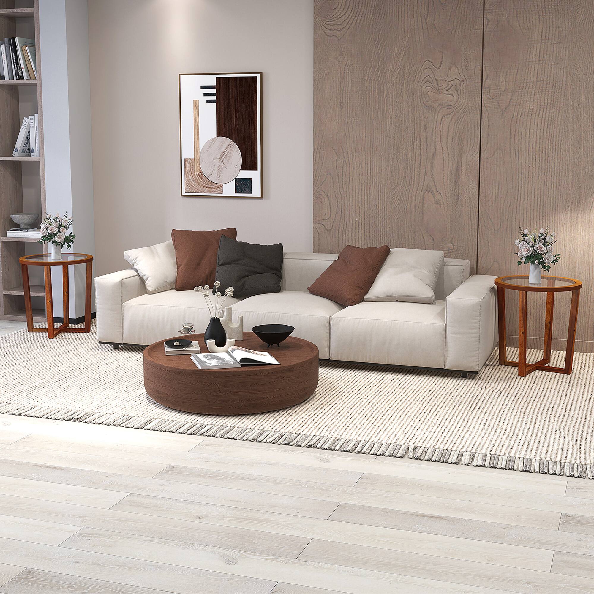 Alt View 5. Gymax - Gymax Modern Round End Table w/ Transparent Tempered Glass Top Solid Acacia Wood Legs - Brown.