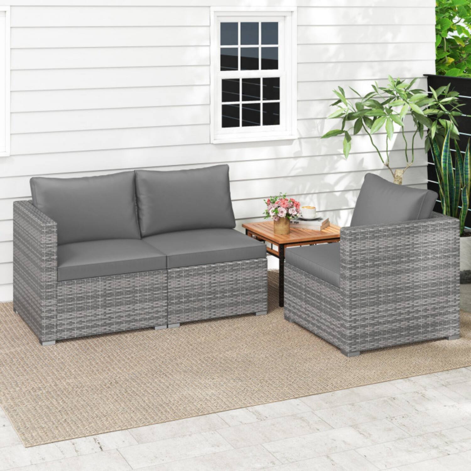 Angle. Mondawe - 26.5x26.5x24.5 IN Freestanding Patio Sectional Sofa Set Modular Couch with Cushions 3-Piece - Mix Grey+Grey.