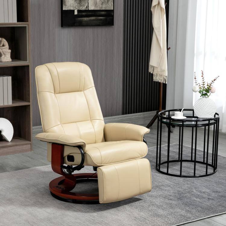 Alt View 2. PULUZ - Air Leather Manual Recliner, Adjustable Swivel Lounge Chair with Footrest, Armrest and Wrapped Wood Base - Cream White.