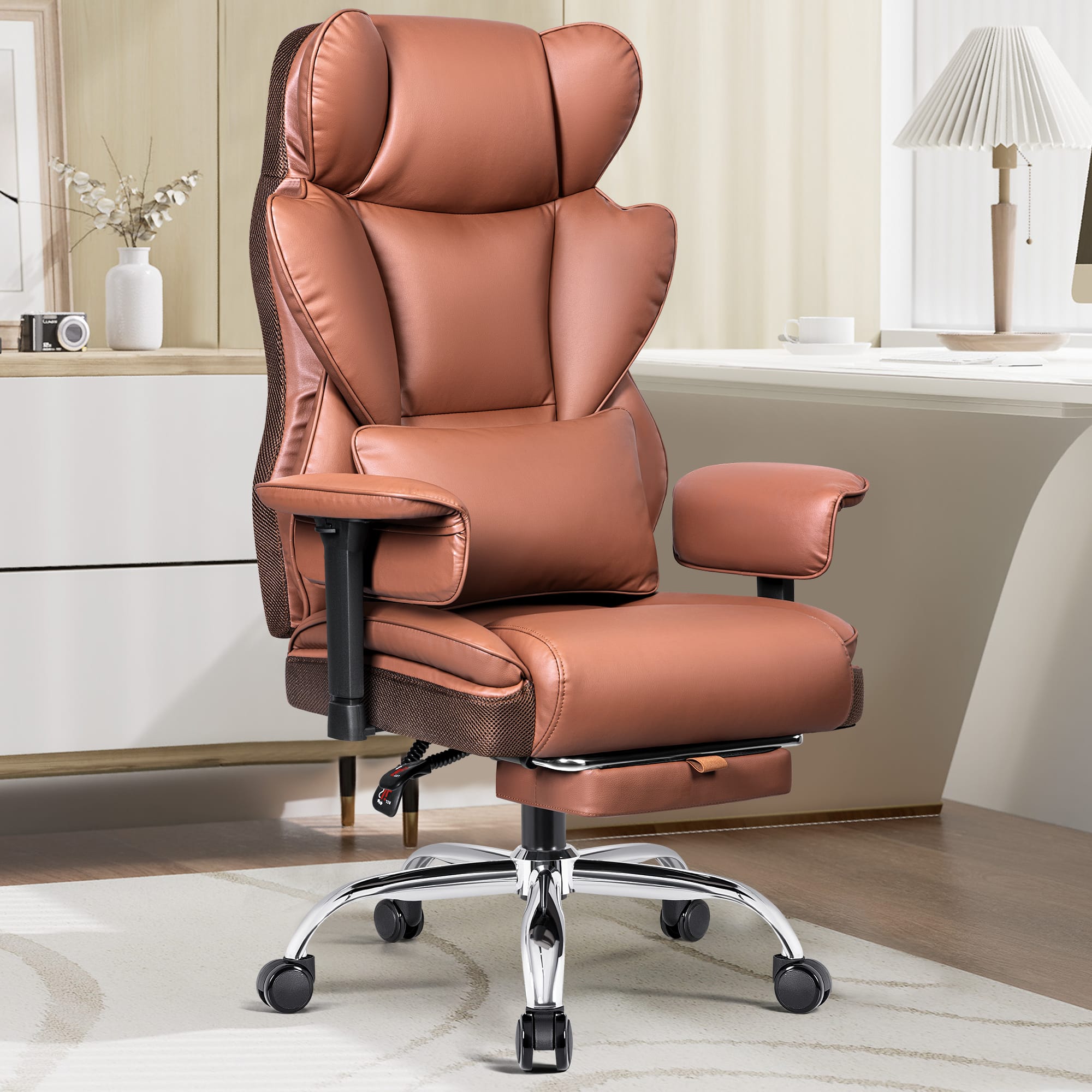 KERDOM - Ergonomic PU Leather Office Chair Upholstery, Big & Tall Boss Chair with Footrest, Adjustable Arms & Wide Seat - Brown