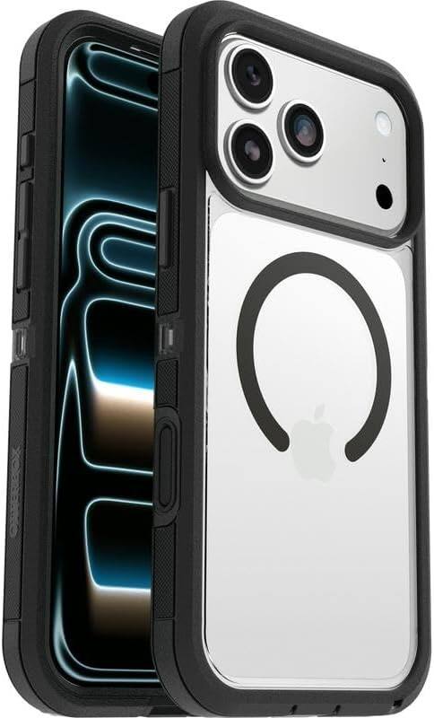 Left. OtterBox - OtterBox iPhone 17 Pro Max , Bundle: Defender Series XT Case & Screen Protector - Snaps on MagSafe - Rugged & Durable - Dark Side (Clear/Black).