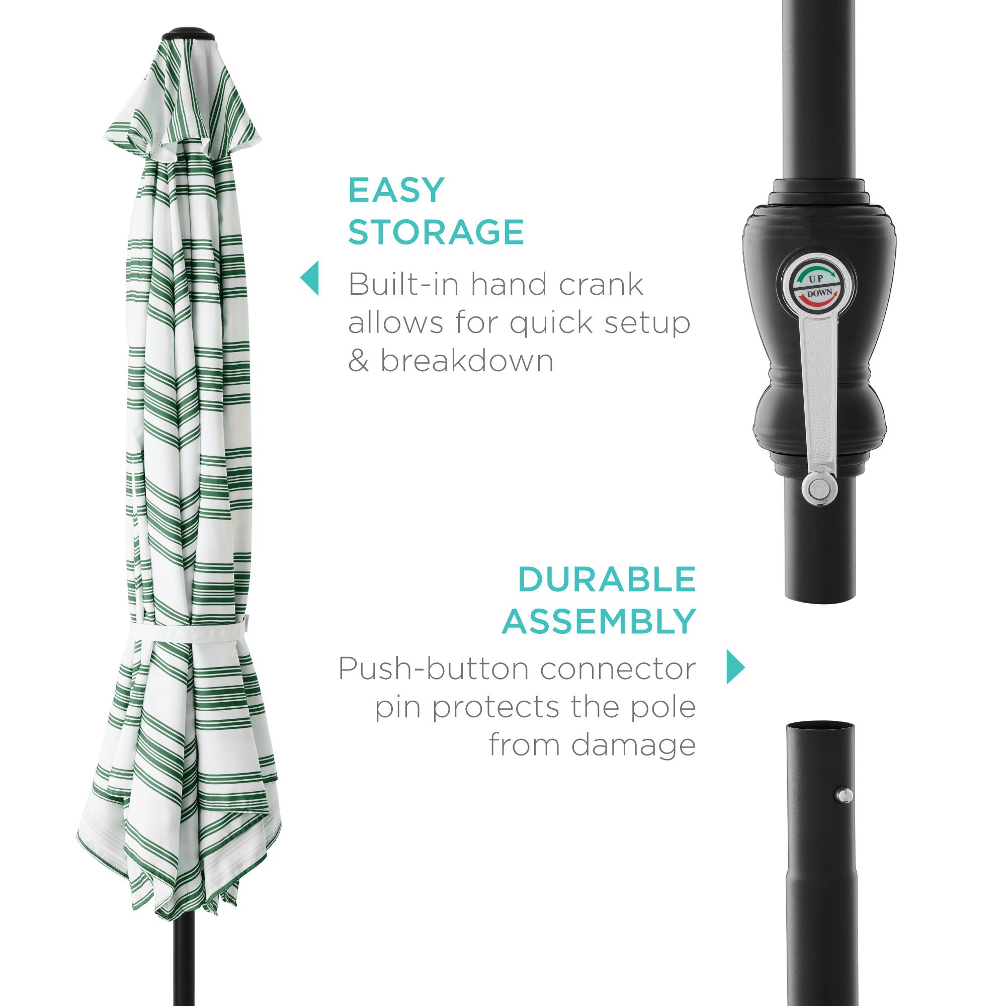 EASY STORAGE: Built-in hand crank allows for quick setup & breakdown.

DURABLE ASSEMBLY: Push-button connector pin protects the pole from damage.