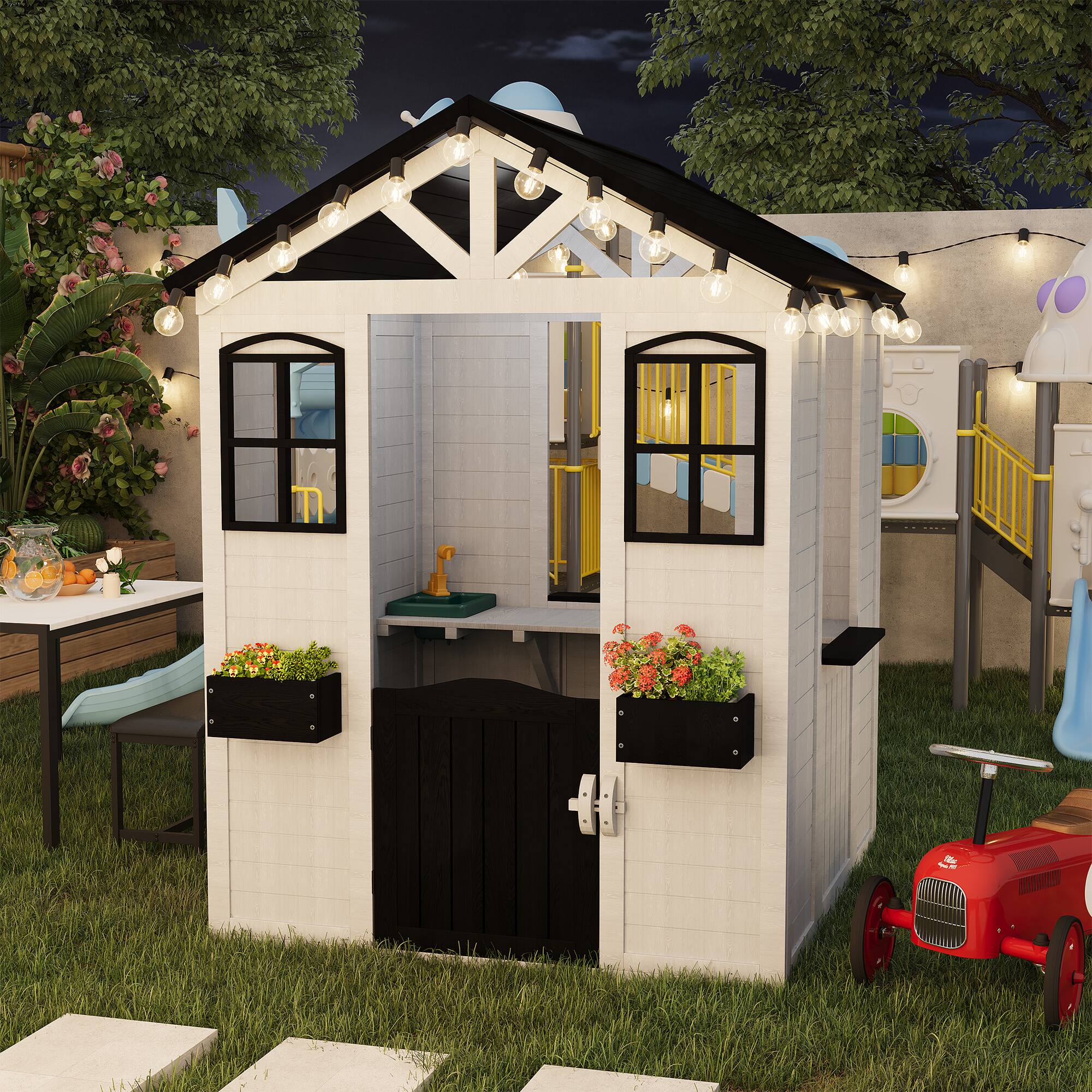 Alt View 6. U-HOMY - White Wooden Playhouse for Kids with Door & Windows - White.