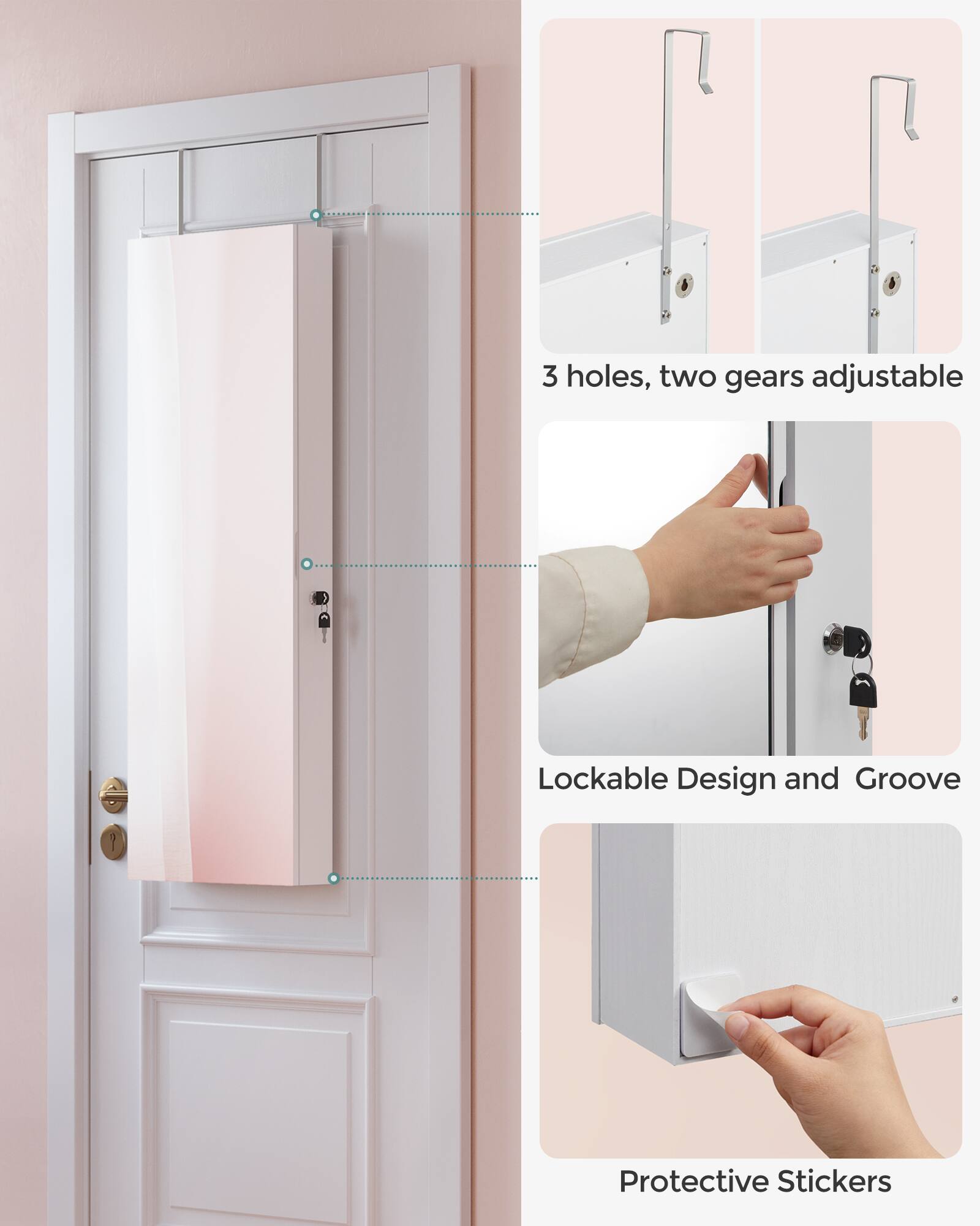 3 holes, two gears adjustable  
Lockable Design and Groove  
Protective Stickers