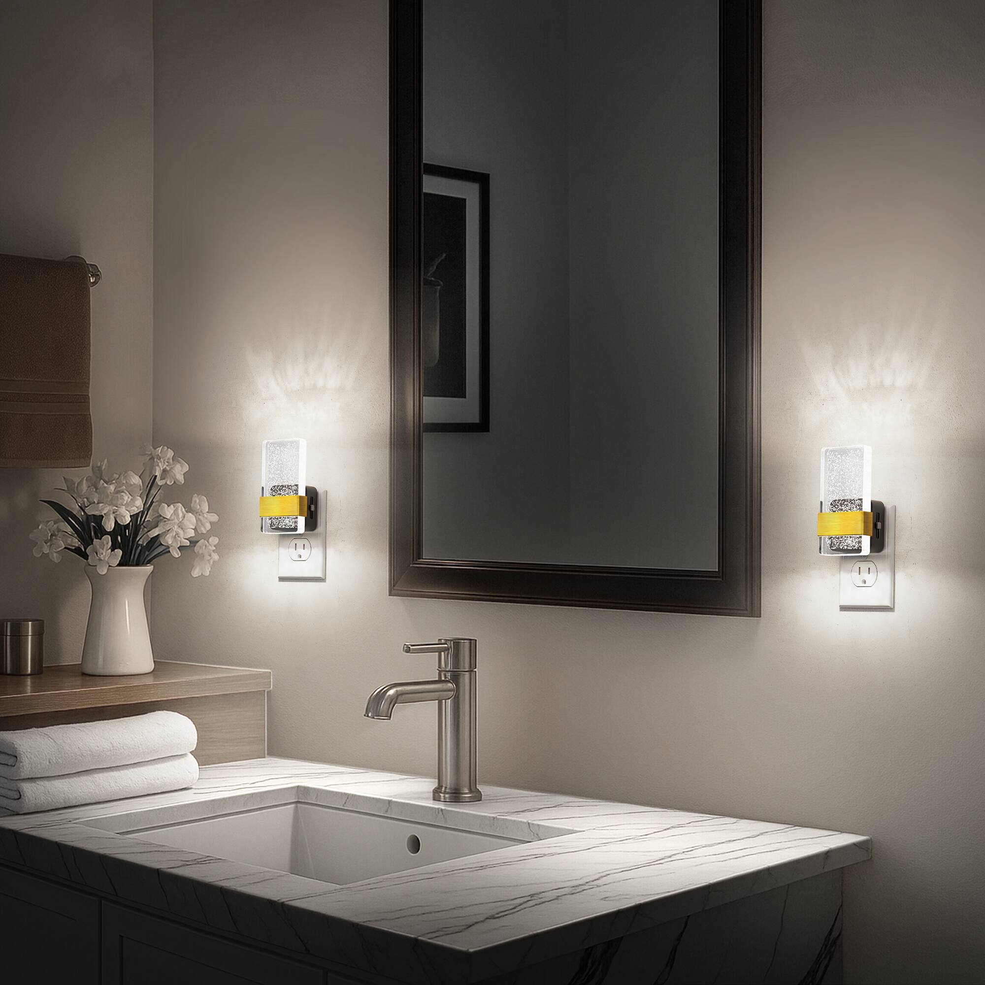 Back. Jandcase - JANDCASE 2-Pack 1W  Plug-in Night Light, 5000K Daylight White, Acrylic Square Pillar,Up/Down Light, - Black and Gold.
