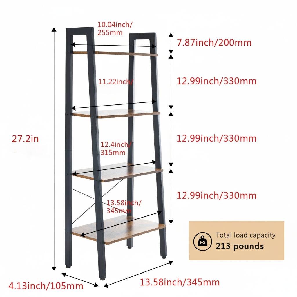 Sure, here is the corrected and grouped text from the image:

- **Height:**
  - 27.2 inches

- **Width:**
  - 10.04 inches / 255 mm
  - 11.22 inches
  - 12.4 inches / 315 mm
  - 13.58 inches / 345 mm

- **Depth:**
  - 7.87 inches / 200 mm
  - 12.99 inches / 330 mm
  - 12.99 inches / 330 mm
  - 12.99 inches / 330 mm

- **Leg Width:**
  - 4.13 inches / 105 mm

- **Total Load Capacity:**
  - 213 pounds