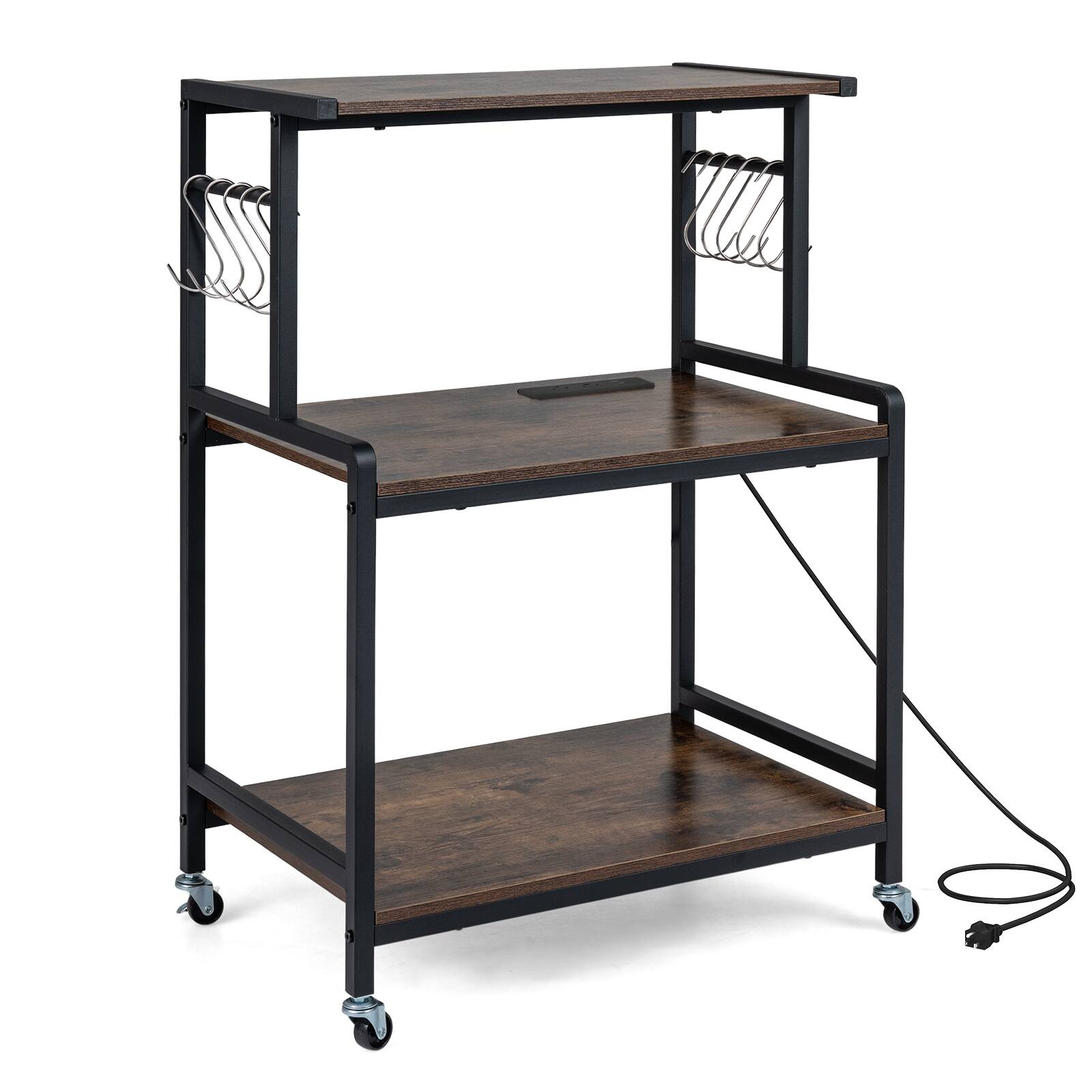 Alt View 9. Costway - Costway 3-Tier Kitchen Rolling Microwave Cart with Power Outlet, 10 S-Shaped Hooks - Rustic Brown & Black.