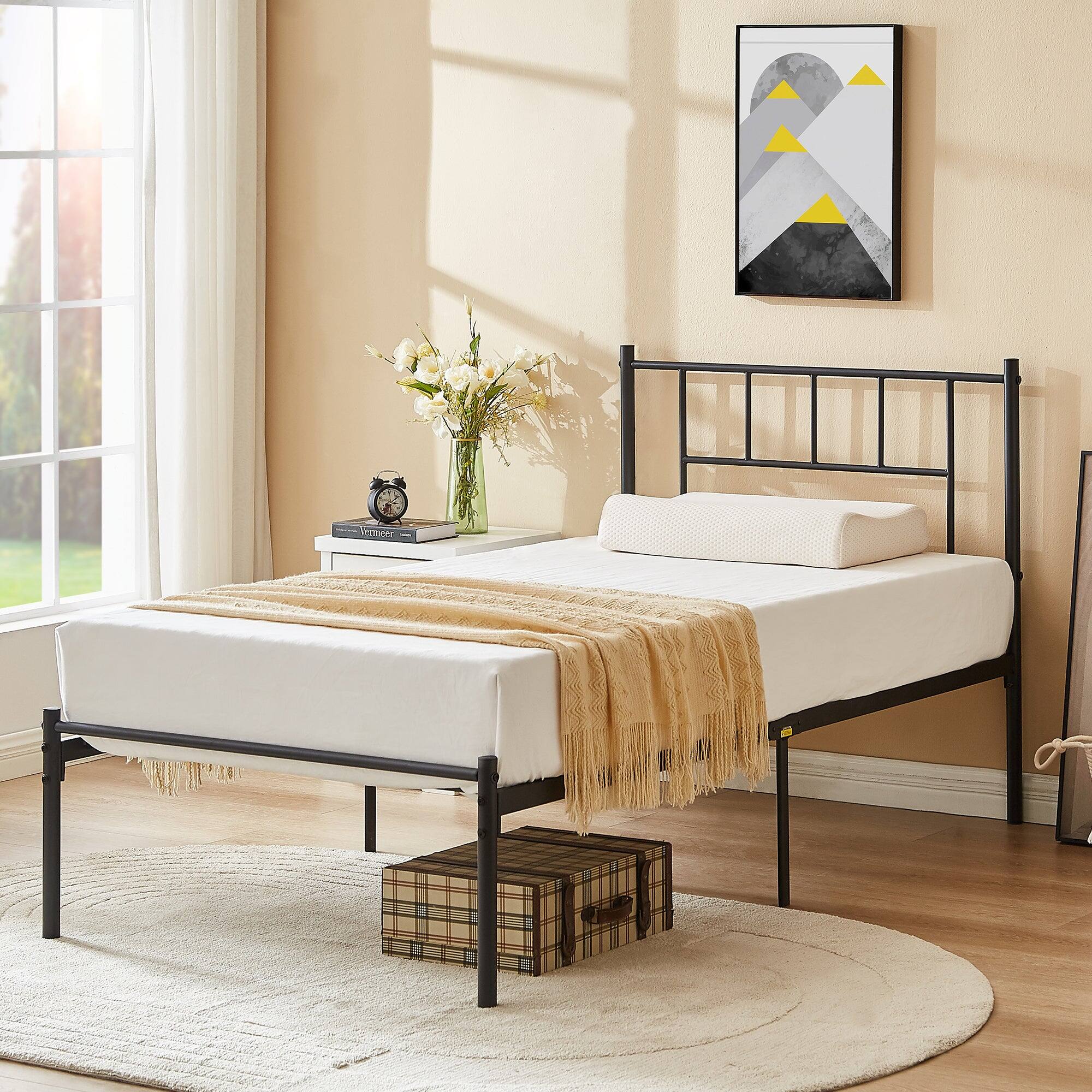 Left. Vecelo - Twin Metal Platform Bed Frame, Heavy Duty Steel Slat Support, Under Bed Storage,No Box Spring Needed, Easy Assembly - Black.