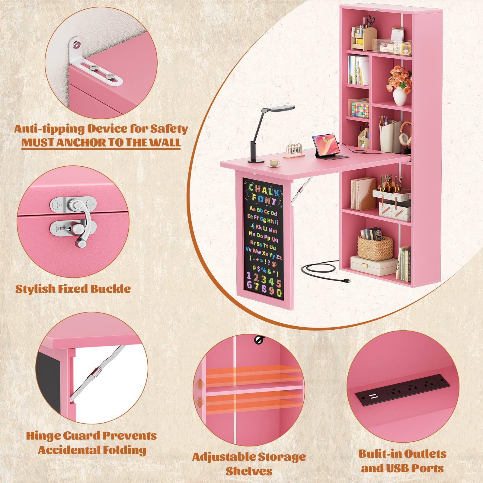 - Anti-tipping Device for Safety MUST ANCHOR TO THE WALL
- Stylish Fixed Buckle
- Hinge Guard Prevents Accidental Folding
- Adjustable Storage Shelves
- Built-in Outlets and USB Ports