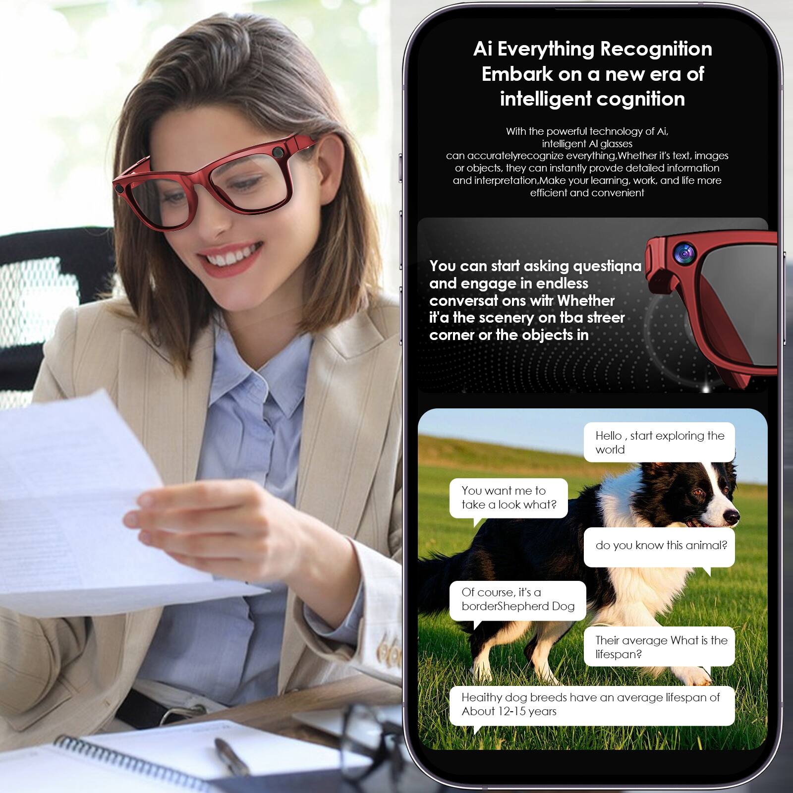 Ai Everything Recognition  
Embark on a new era of intelligent cognition  

With the powerful technology of AI, intelligent AI glasses can accurately recognize everything. Whether it's text, images, or objects, they can instantly provide detailed information and interpretation. Make your learning, work, and life more efficient and convenient.  

You can start asking questions and engage in endless conversations with the scenery on the street corner or the objects in the world.  

Hello, start exploring the world.  
You want me to take a look at what?  
do you know this animal?  
Of course, it's a Border Shepherd Dog.  
Their average lifespan?  
Healthy dog breeds have an average lifespan of about 12-15 years.