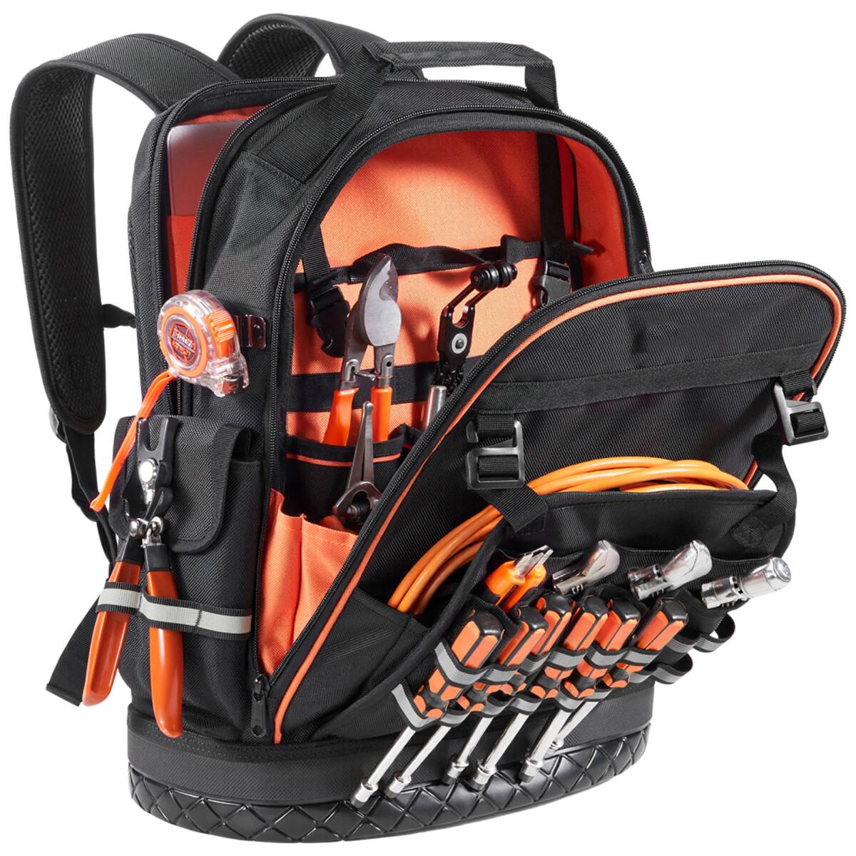 Back. HTUTWOO - Tool Backpack - 64 Pockets Tear-resistant Jobsite Backpack for Electrician, Heavy Duty Tool Storage, Durable Work Bag - Black+Orange.