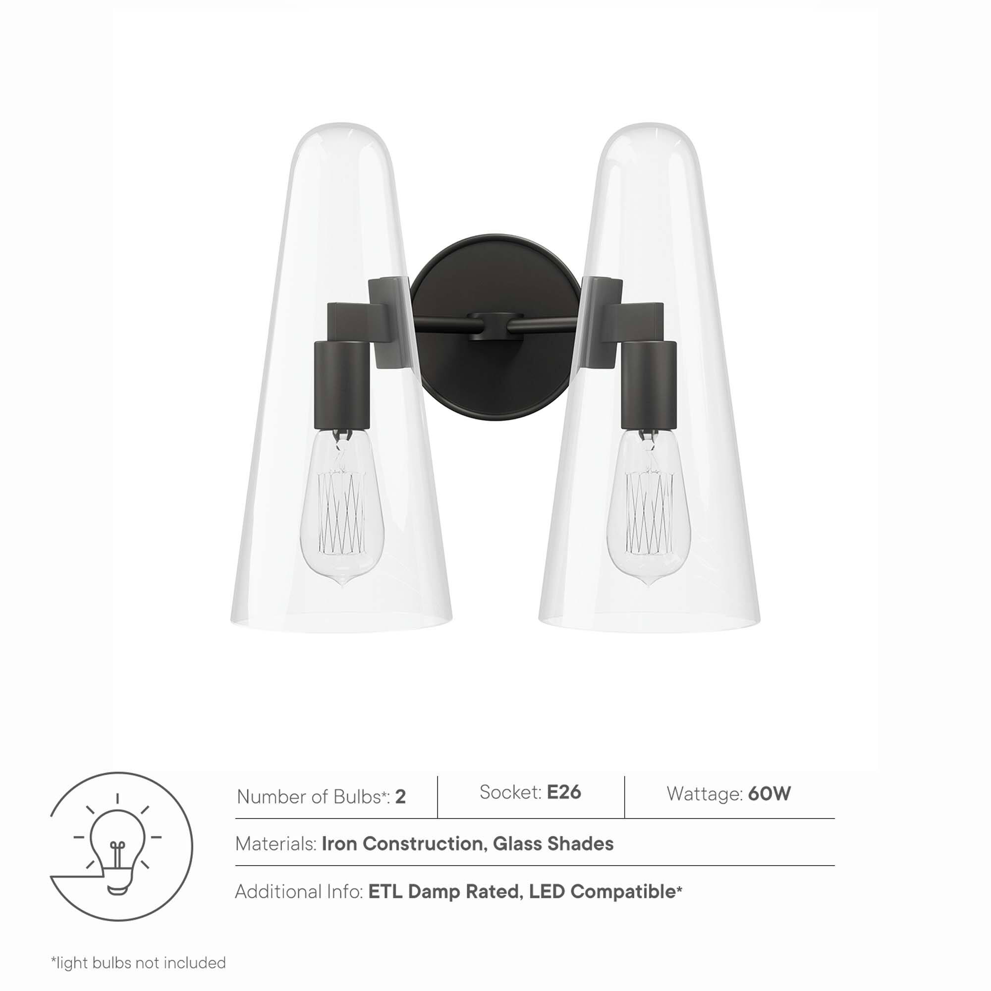 Number of Bulbs*: 2  
Socket: E26  
Wattage: 60W  
Materials: Iron Construction, Glass Shades  
Additional Info: ETL Damp Rated, LED Compatible*  

*light bulbs not included