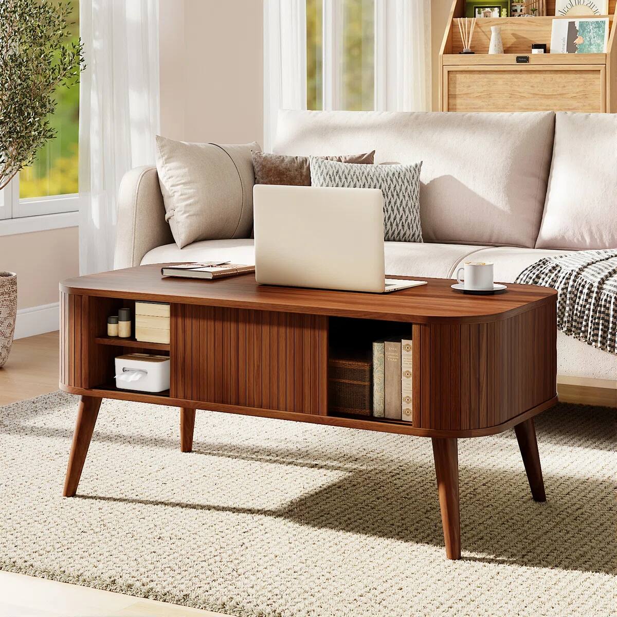 Front. Furnulem - Mid Century Modern Coffee Table with Storage Fluted Sliding Cabinet Door Farmhouse Wood - Walnut.