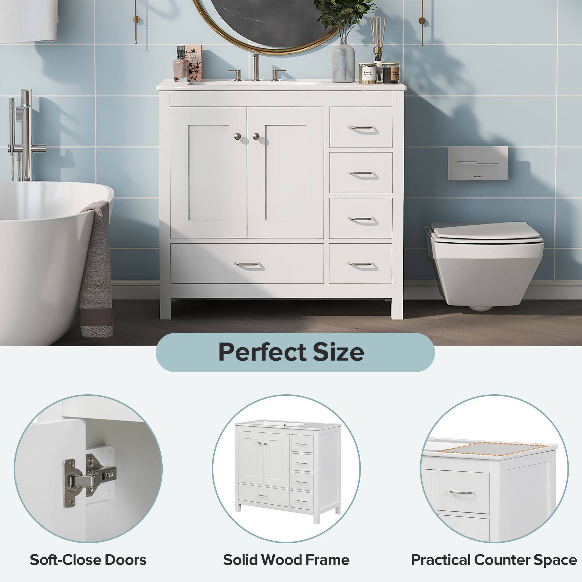 Perfect Size Soft-Close Doors Solid Wood Frame Practical Counter Space