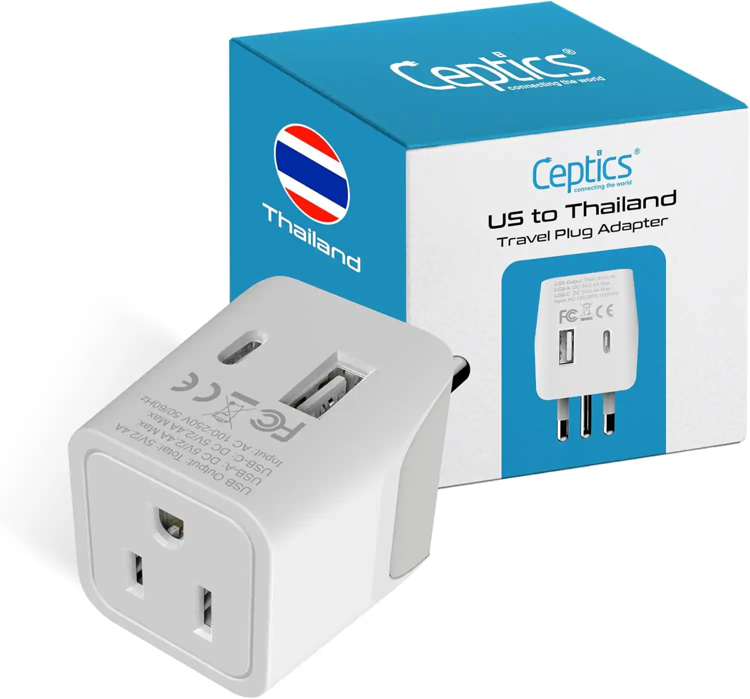 Ceptics - Thailand Travel Plug Adapter – Type O Power Adapter with USB-C & A + USA Input - White