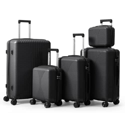 Front. Winado - 12"/16"/20"/24"/28" Carry on 5 Piece PP Hardside Luggage Suitcase Set with Built-in Lock Spinner Wheels Travel Business - Black.