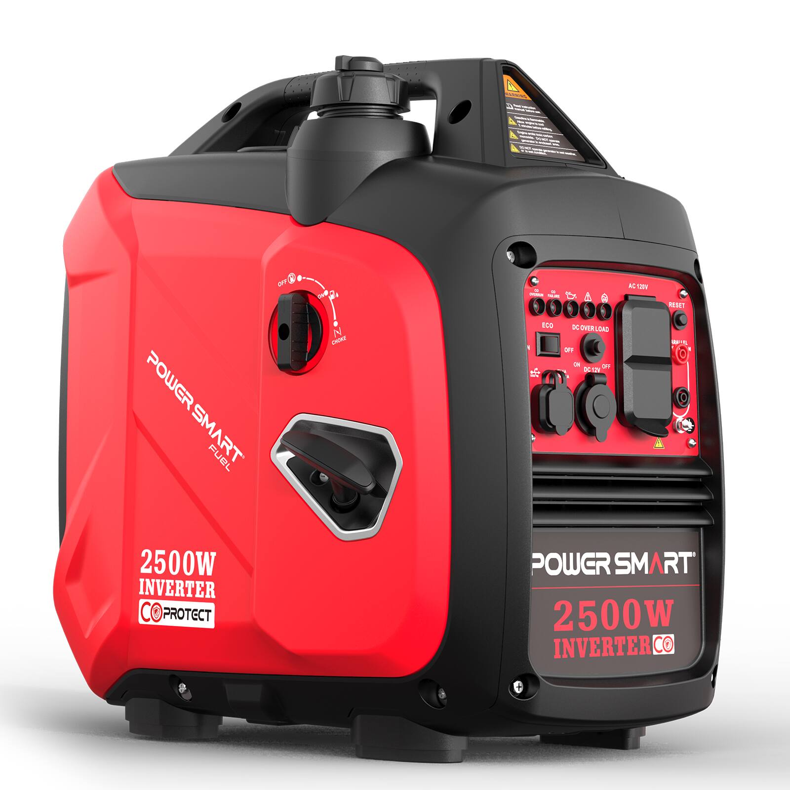 - POWER SMART FUEL
- 2500W INVERTER
- CO PROTECT
- AC 120V
- DC 12V
- ECO
- DC OVERLOAD
- OFF
- ON
- RESET
- DC OVERLOAD
- DC 12V OUTPUT
- 2500W INVERTER