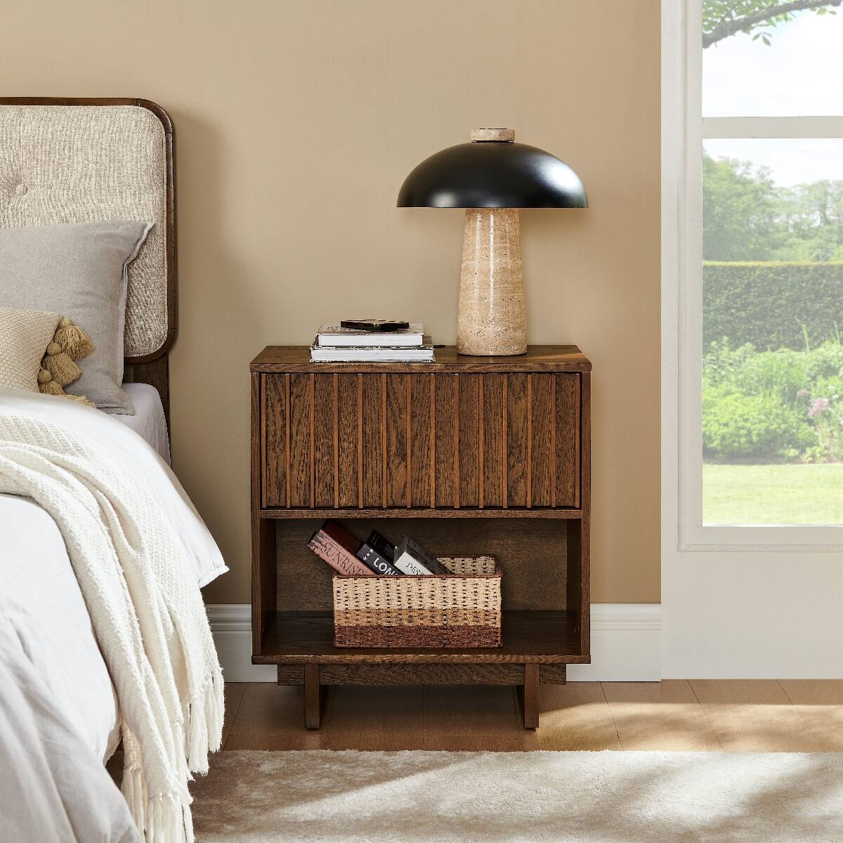 Alt View 1. Loheer - Loheer Walnut Nightstand, Mid Century Modern Design with Hidden Charging Station and Open Shelf - Walnut.