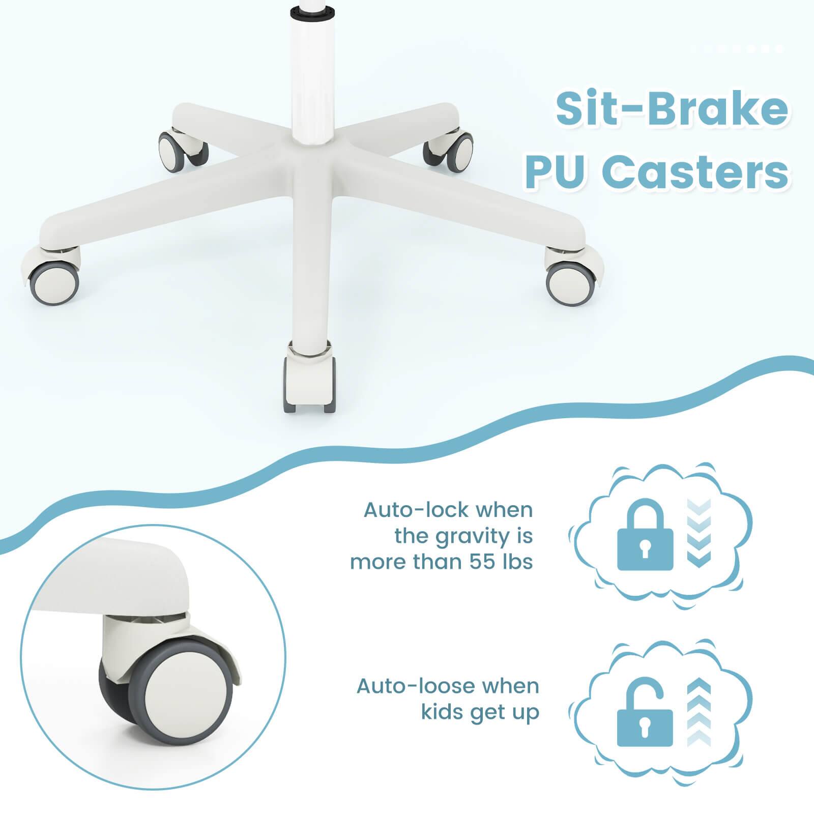 Sit-Brake PU Casters

Auto-lock when the gravity is more than 55 lbs

Auto-loose when kids get up