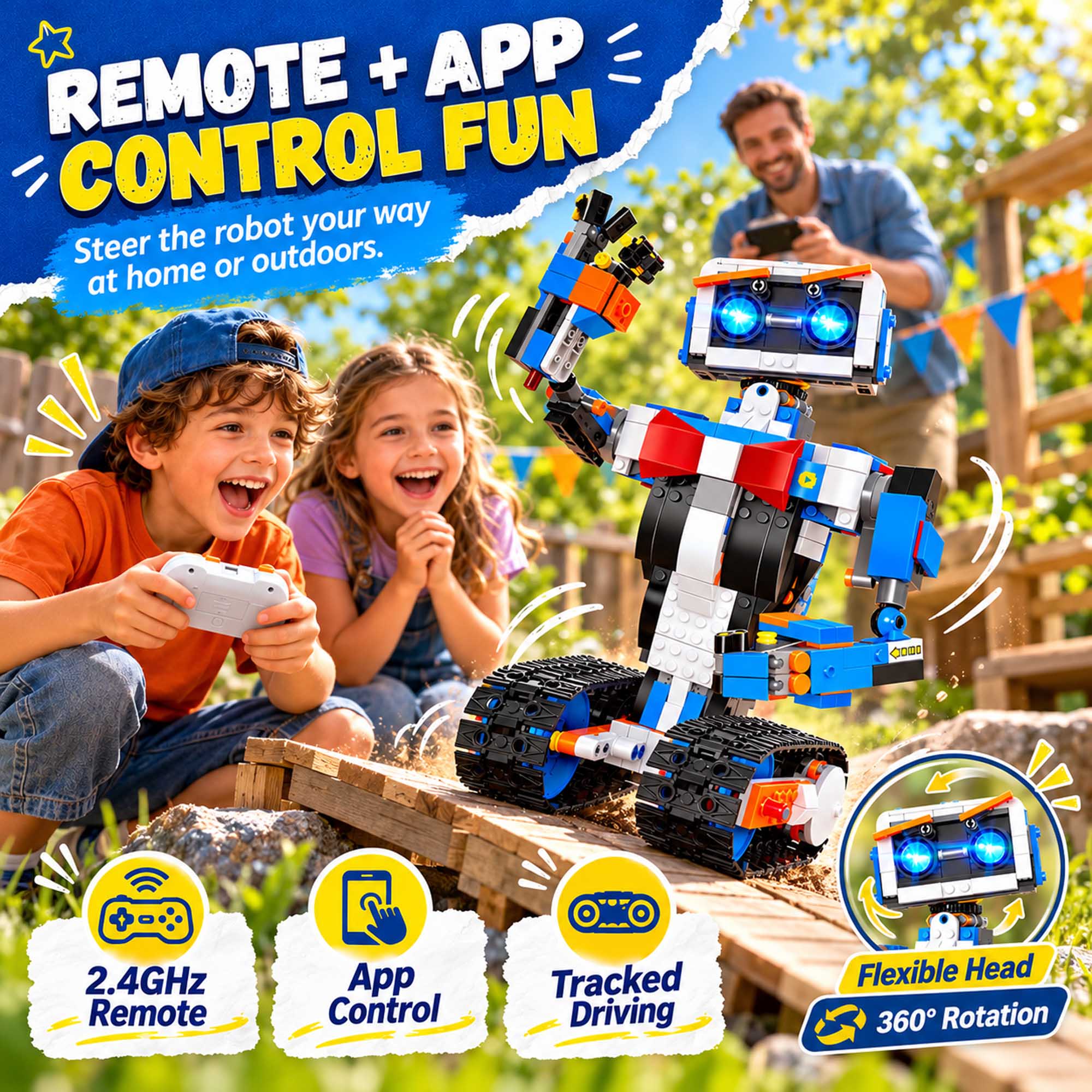 REMOTE + APP CONTROL FUN  
Steer the robot your way at home or outdoors.  

COMIC  
2.4GHz Remote  
App Control  
Tracked Driving  
Flexible Head 360° Rotation
