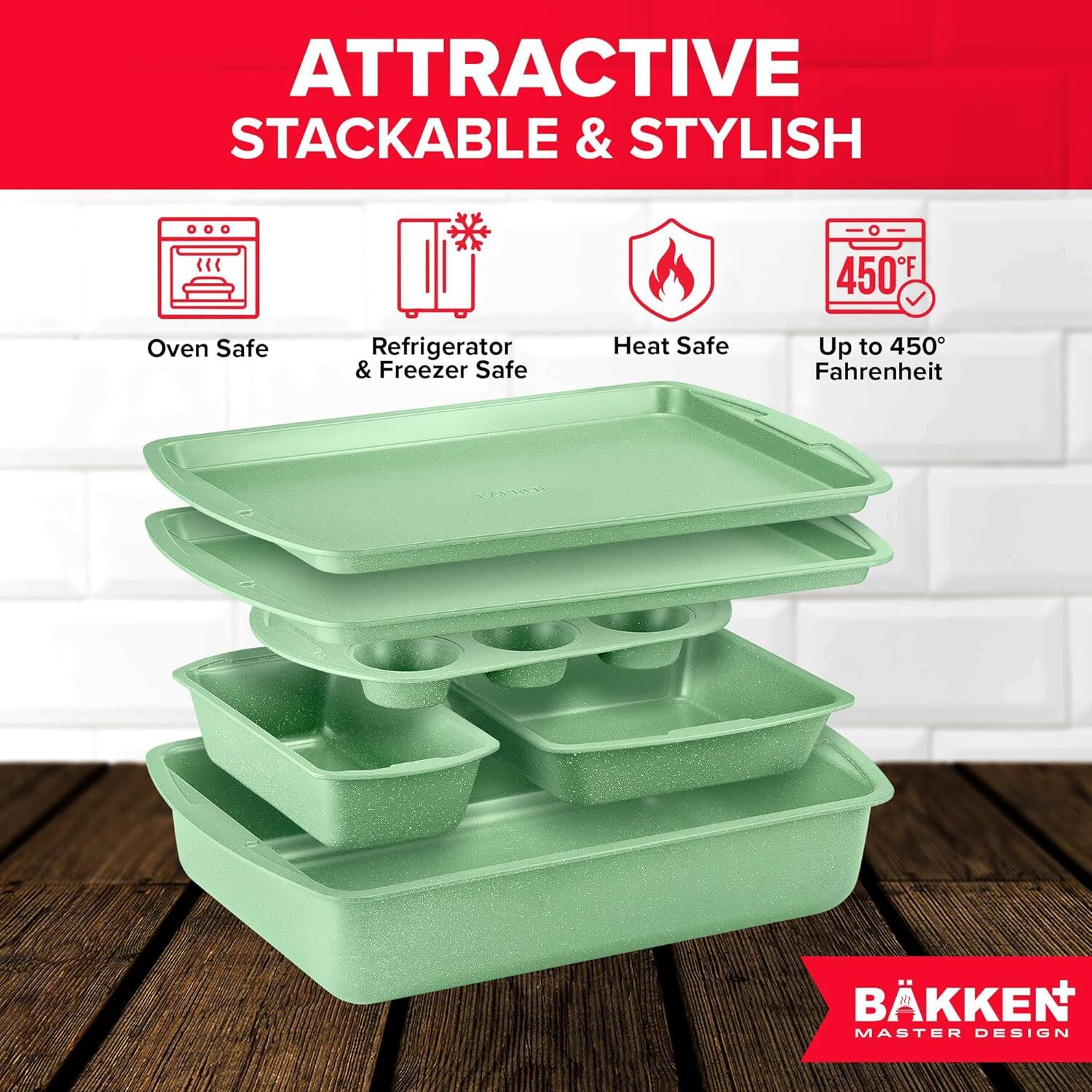 Bakken- Swiss - BAKKEN Kitchen Baking Pan Set - Nonstick Marble Coating, Commercial Grade Carbon Steel Bakeware Sets, Baking Kitch - Green - Thumbnail 5