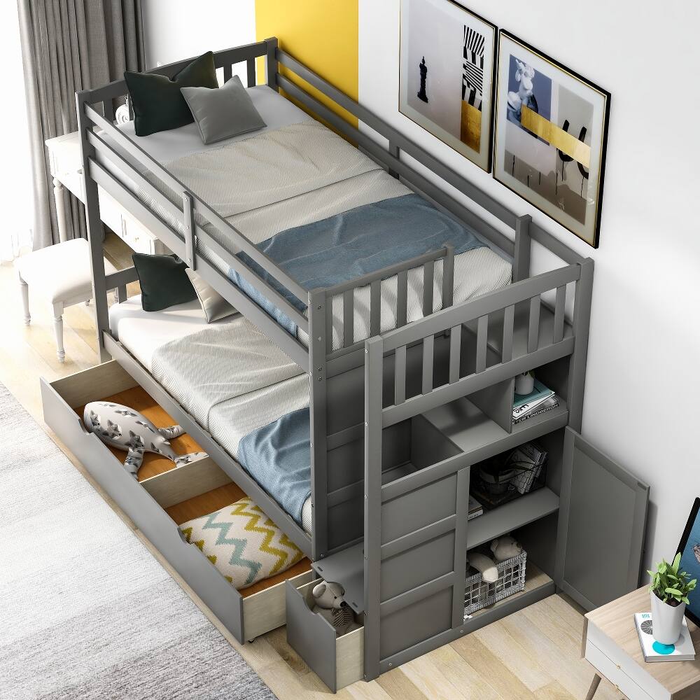 Alt View 2. Loheer - Loheer Twin over Full Bunk Bed with Stairs and Storage Drawers Gray - Gray.
